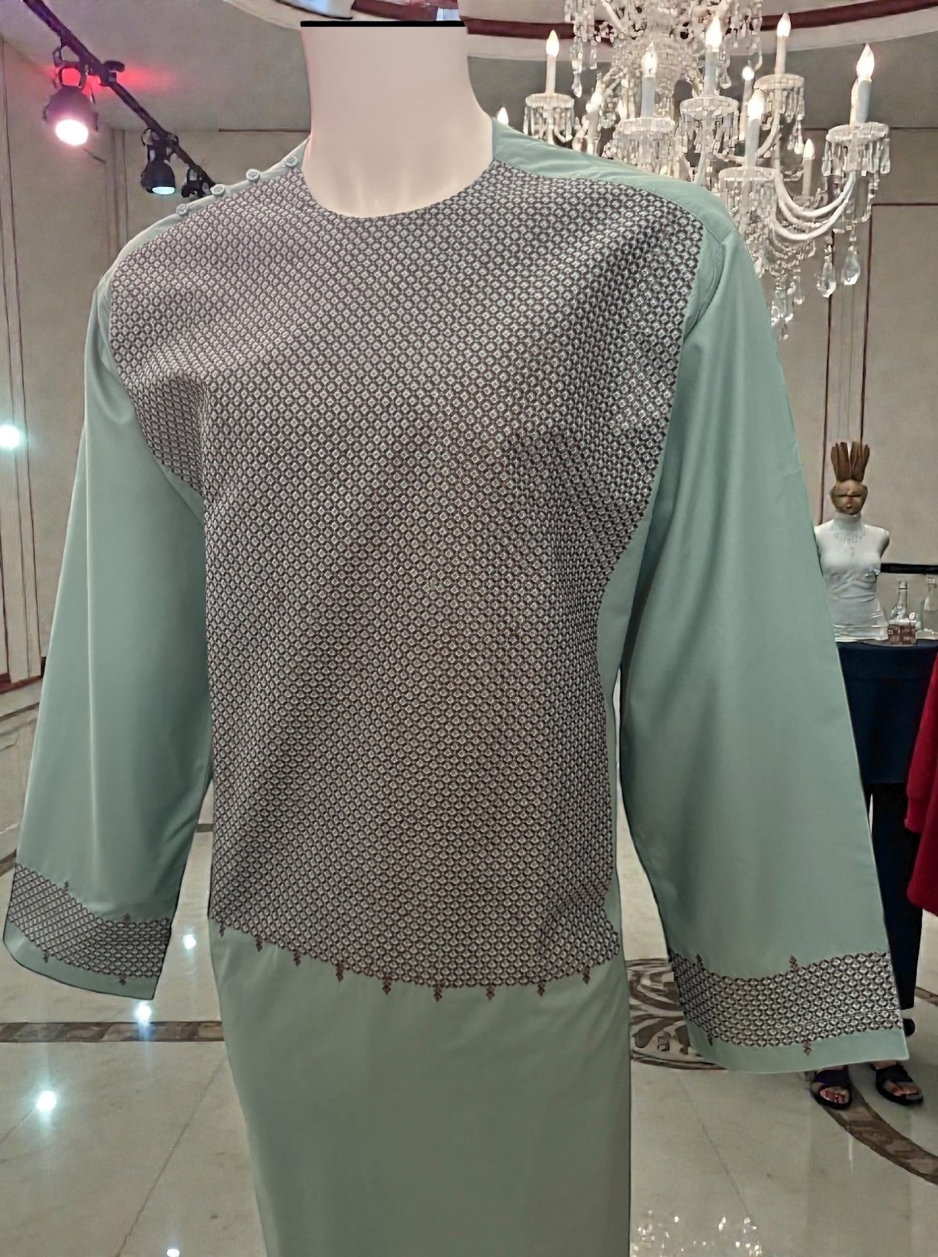 Traditional Afghan Parahan Tunban with Patterned Front Panel – Mint Green – XL