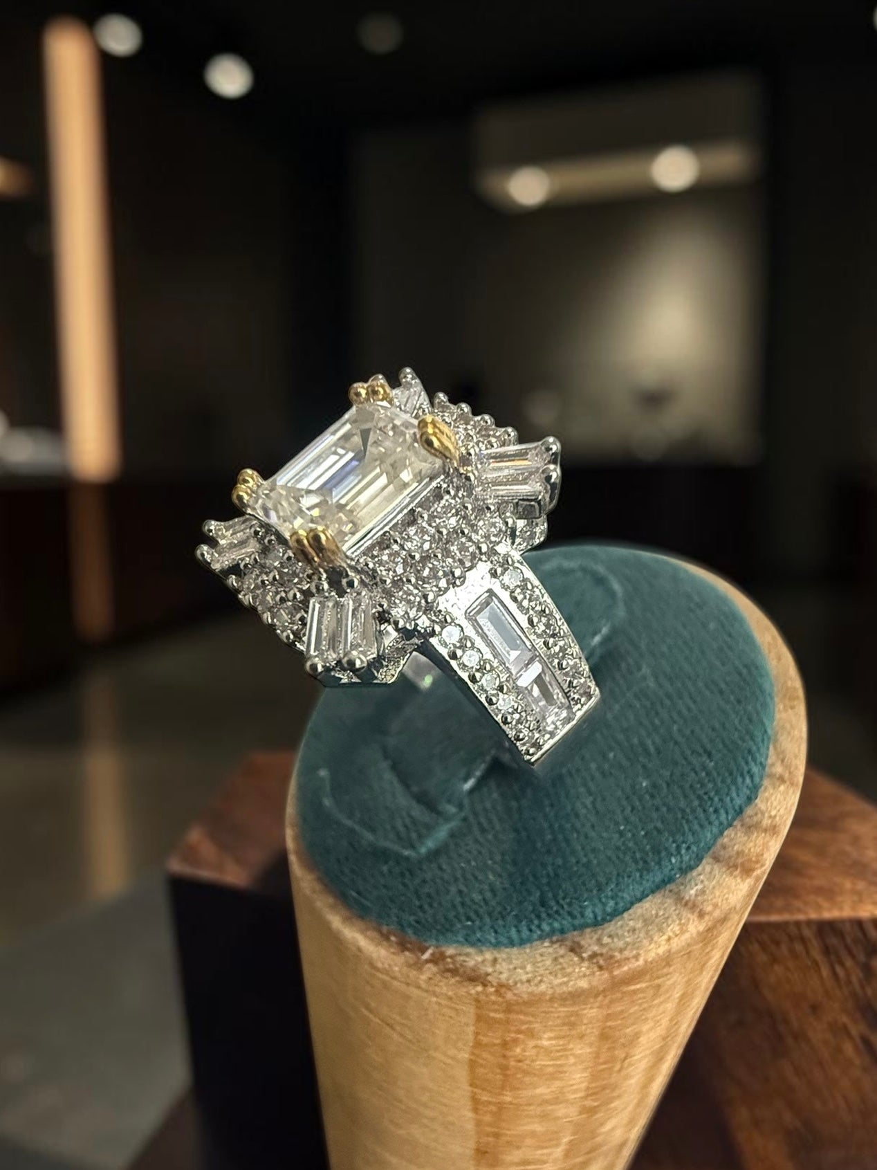 Moissanite Emerald-Cut Halo Statement Ring – Silver Tone, Size 8.  6002