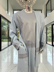 Men’s Blue Gray Embroidered Afghan Parahan Tunban with Matching Shawl – XXL