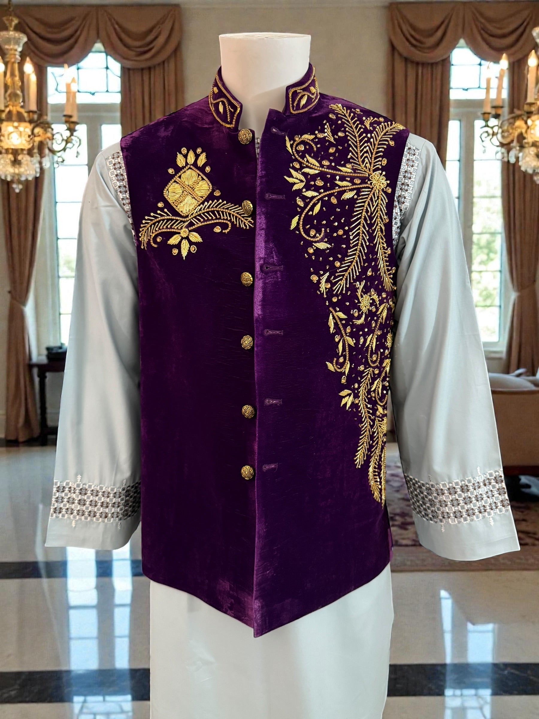Medium Purple Velvet Men’s Waistcoat – Heavy Handmade Zari & Dabka Embroidery | Luxury Wedding waistcoat