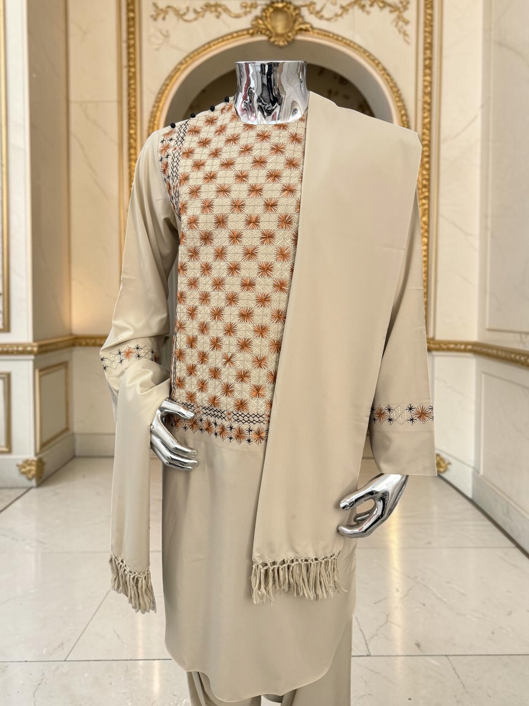 Men’s Cream Hand-Embroidered Afghan Parahan Tunban with Shawl – 3-Piece Set 5023