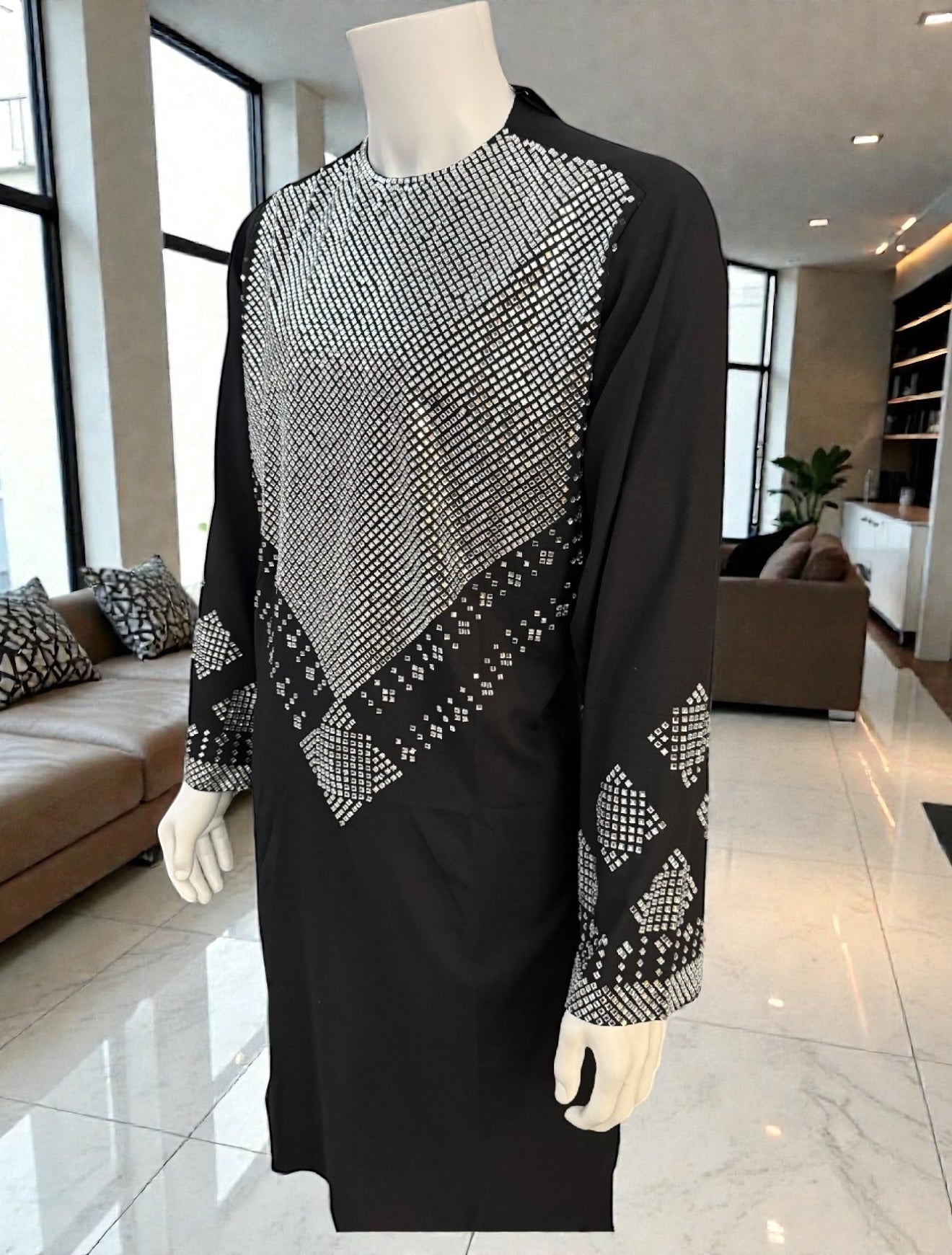 Men’s Black Parahan Tunban – White Shesha (Mirror) Style Embroidery on Chest & Sleeves | Afghan Traditional Outfit Small