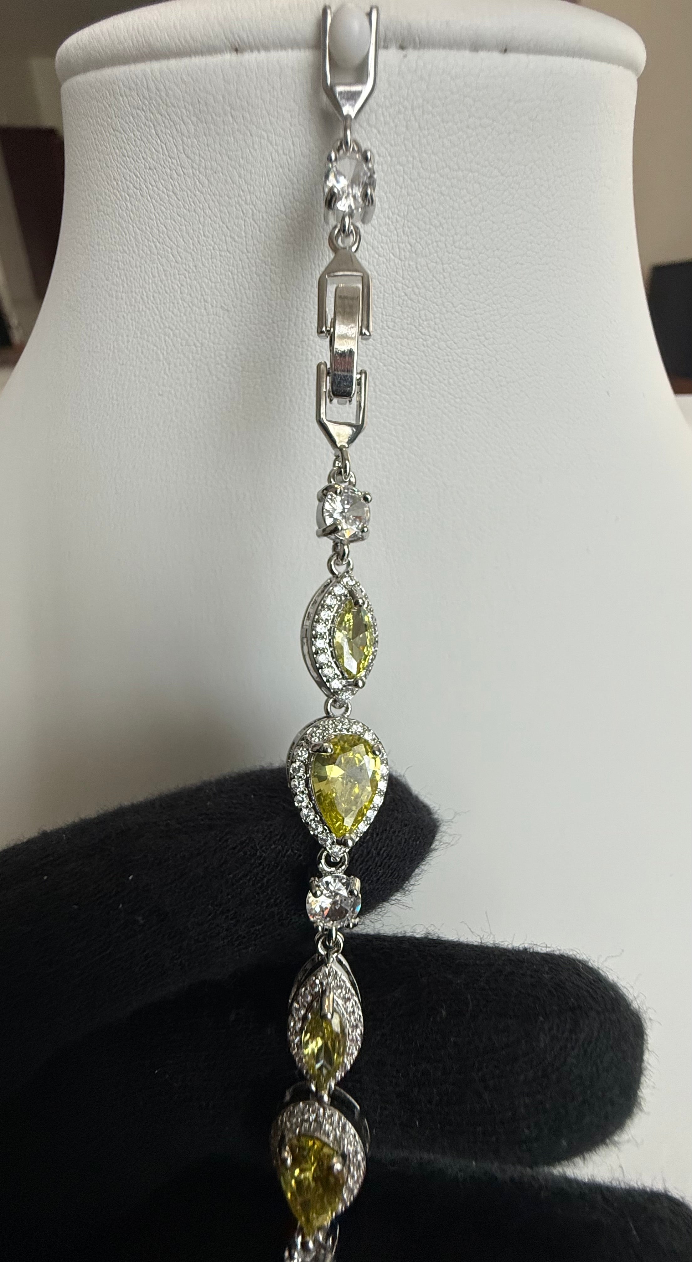 Yellow Pear Cut Crystal Halo Bracelet – Silver Tone Elegant Statement Jewelry 7099