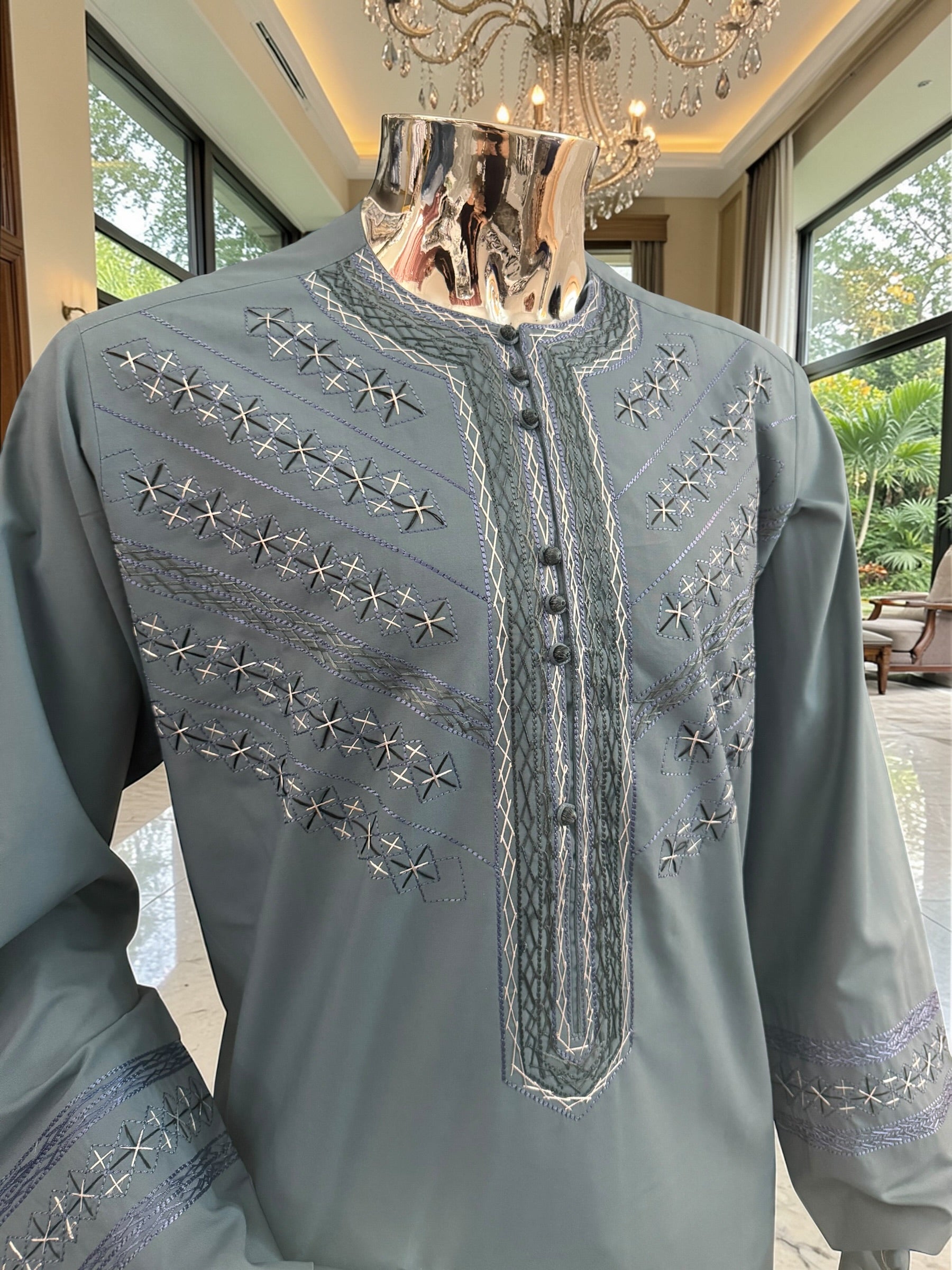 X-Large Teal Afghan Parahan Tunban with Hand Embroidery Traditional Men’s Outfit