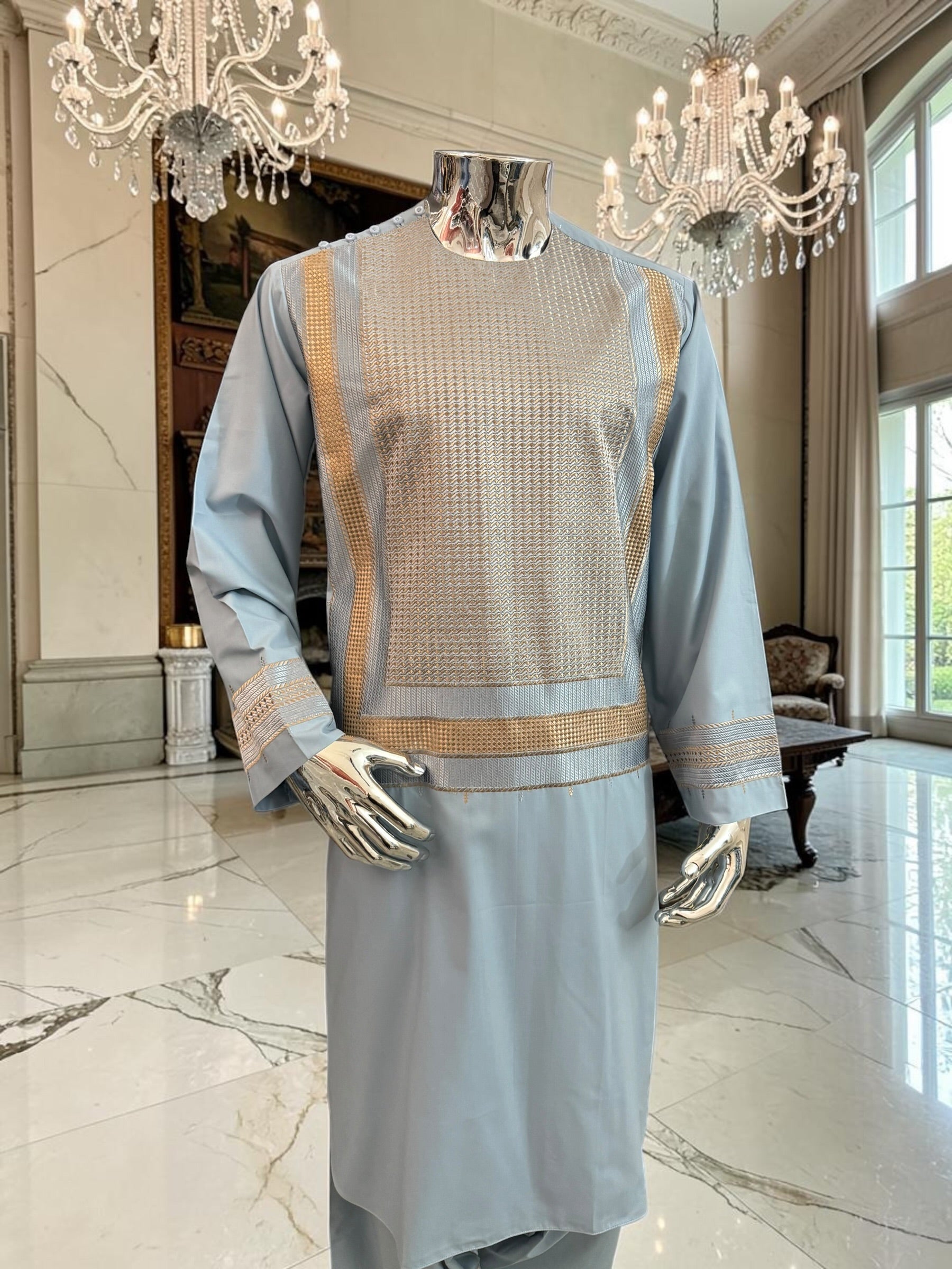Large Luxury Sky Blue & Gold Embroidered Men’s Afghan Shalwar Kameez Set Yakhandozi – Premium Traditional Outfit