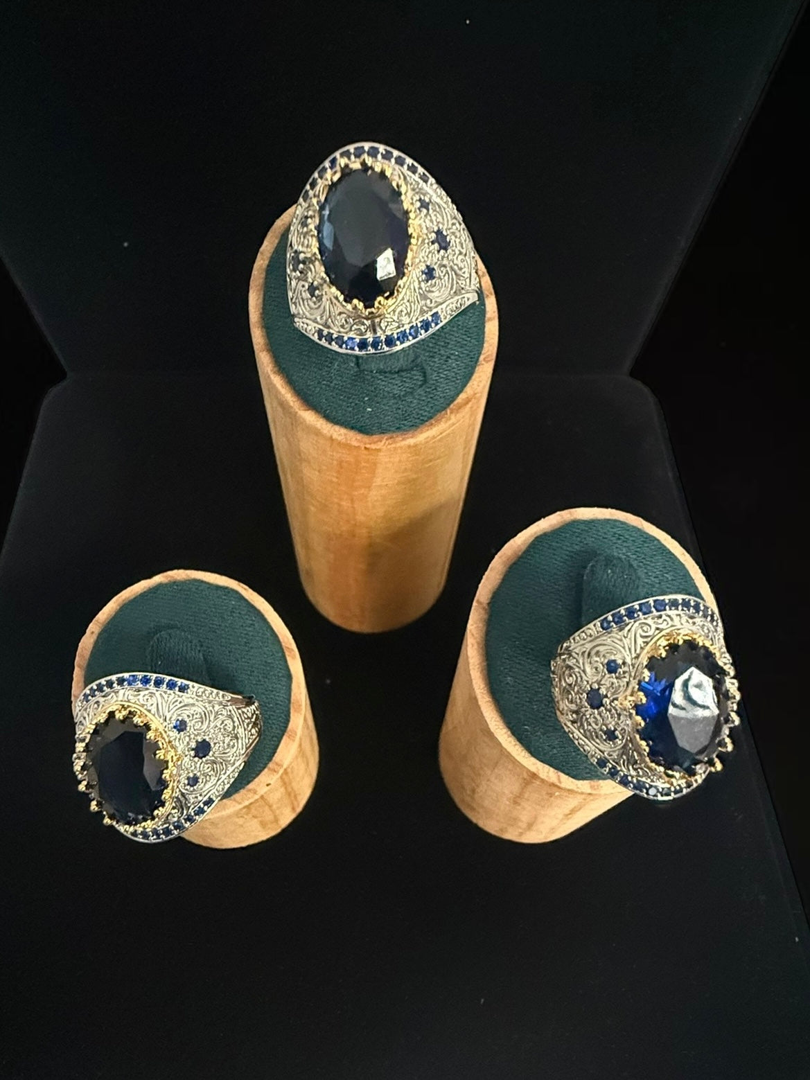 Vintage Blue Zircon Statement Ring – Two-Tone Gold & Silver Plated Brass Oval Crystal Ring for Men and Women 6076