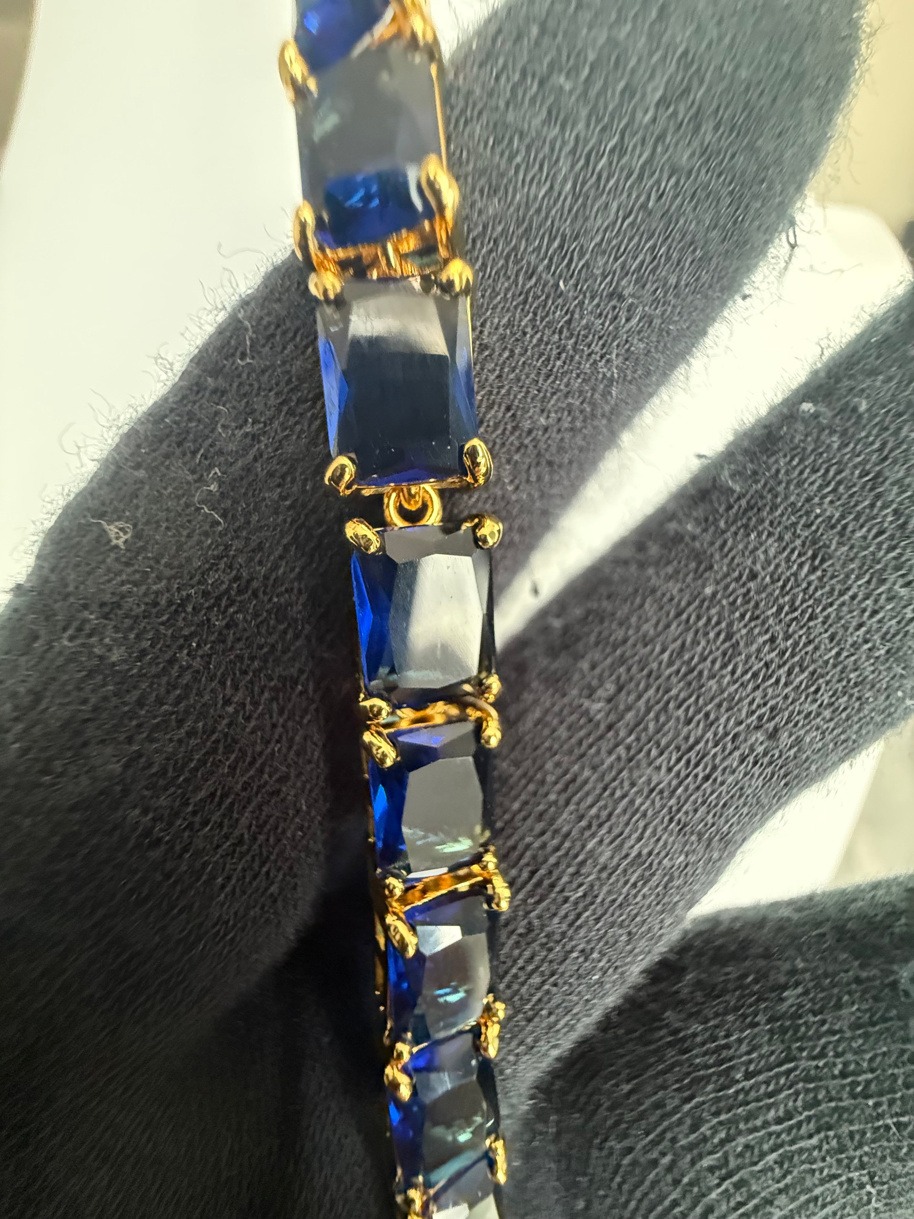 Sapphire Blue Emerald-Cut Crystal Tennis Bracelet – Gold Tone Statement Jewelry 7141