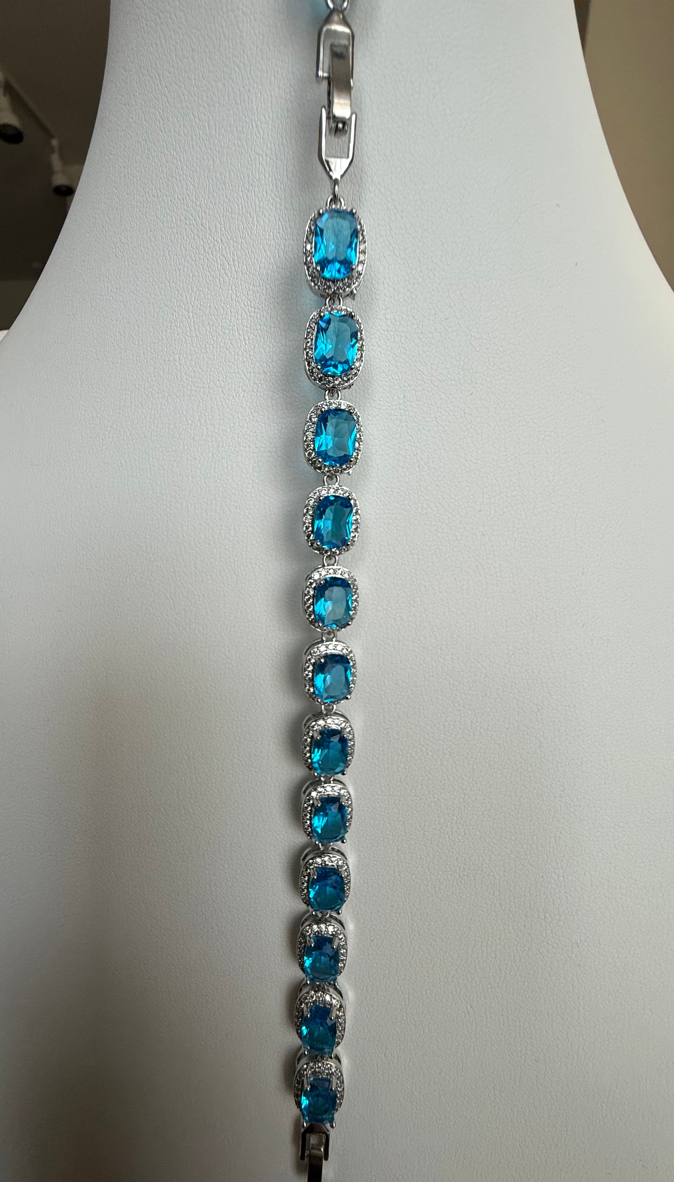 Aqua Blue Cushion-Cut Crystal Halo Tennis Bracelet – Silver-Tone Statement Jewelry 7115