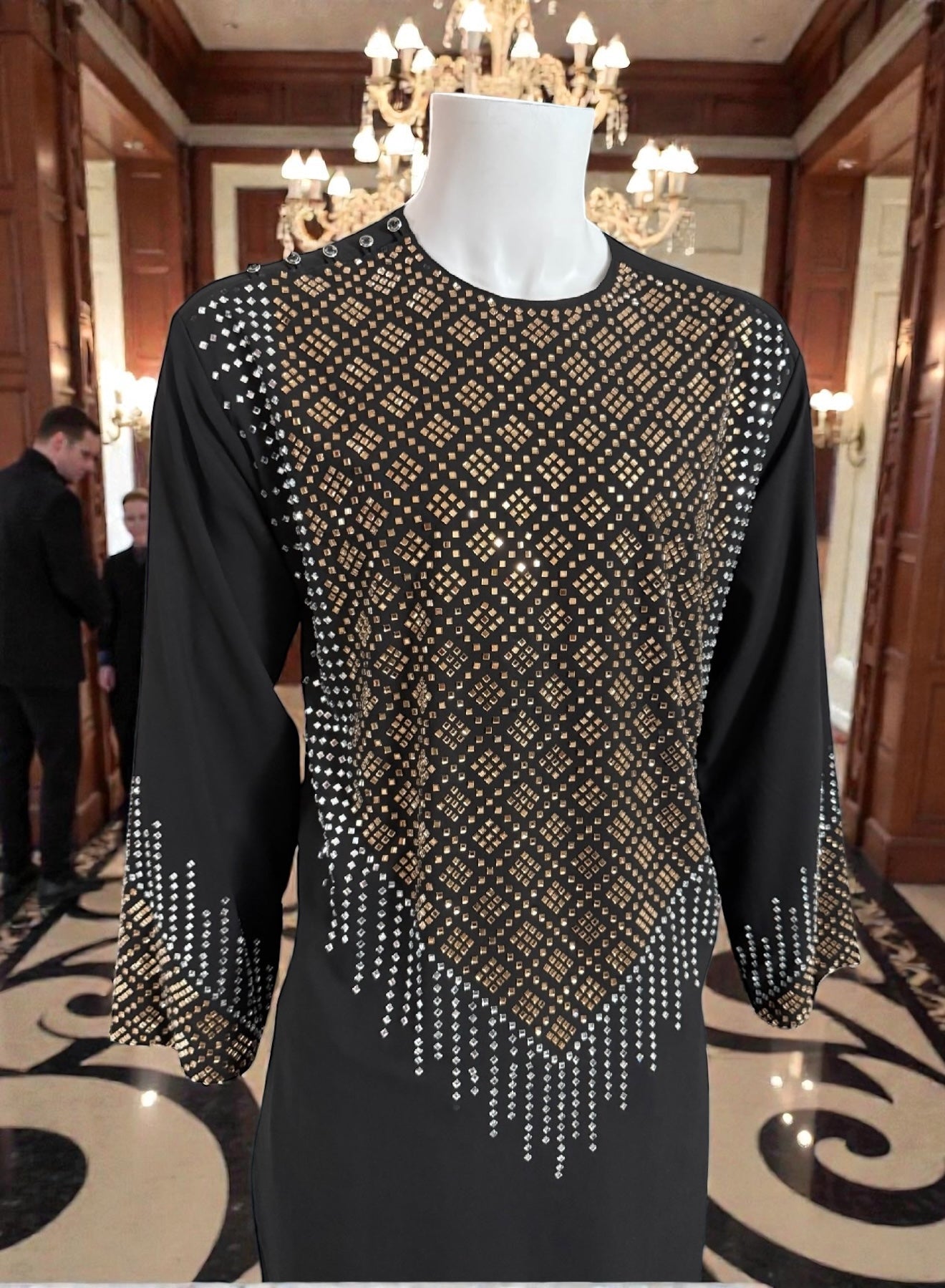 XL Black Afghan Parahan Tumban with Bronze & Silver Shesha Mirror Pattern – Men’s Traditional Wear