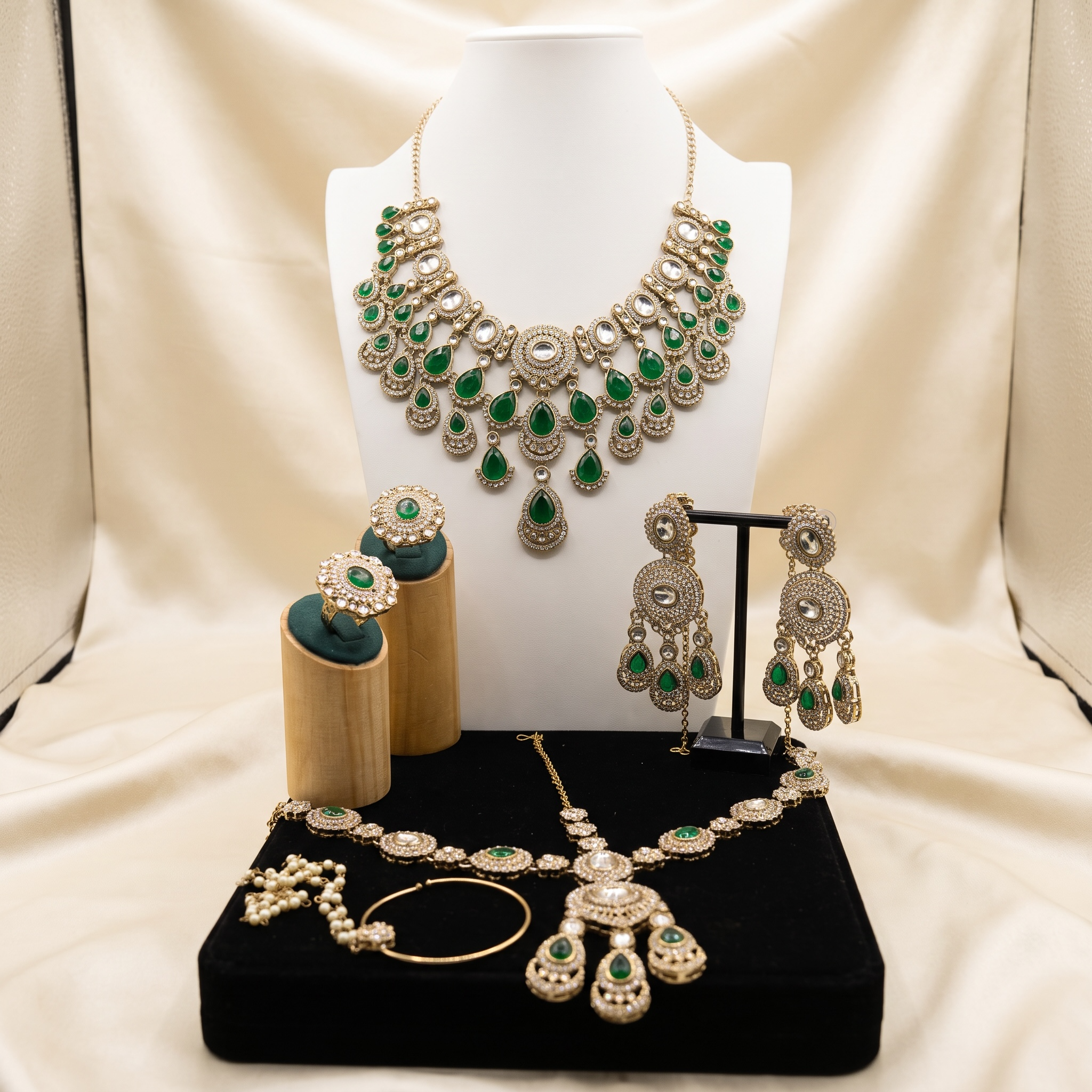 Emerald Green Kundan Half Bridal Jewelry Set – 6-Piece Necklace, Earrings, Sheeshphool, Nath & Adjustable Rings 6059