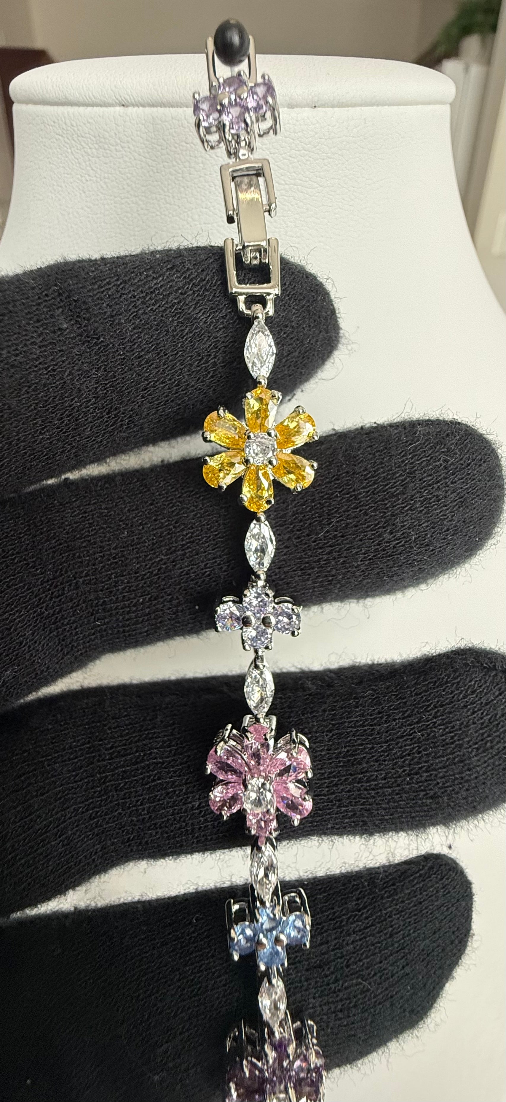 Multicolor Floral Crystal Bracelet – Silver Tone Flower & Butterfly Statement Jewelry 7087