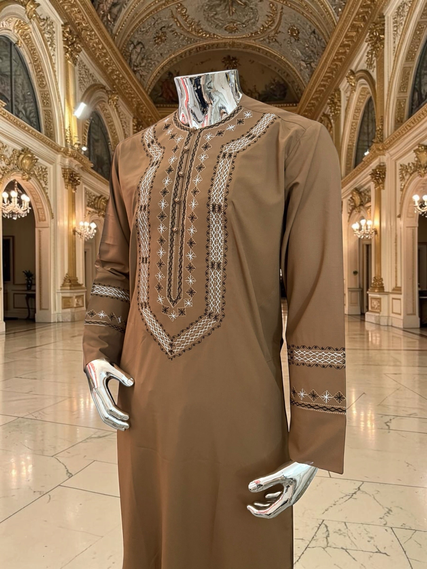 Men’s Brown Hand-Embroidered Afghan Parahan Tunban with Matching Shawl in Small, Medium, or Large