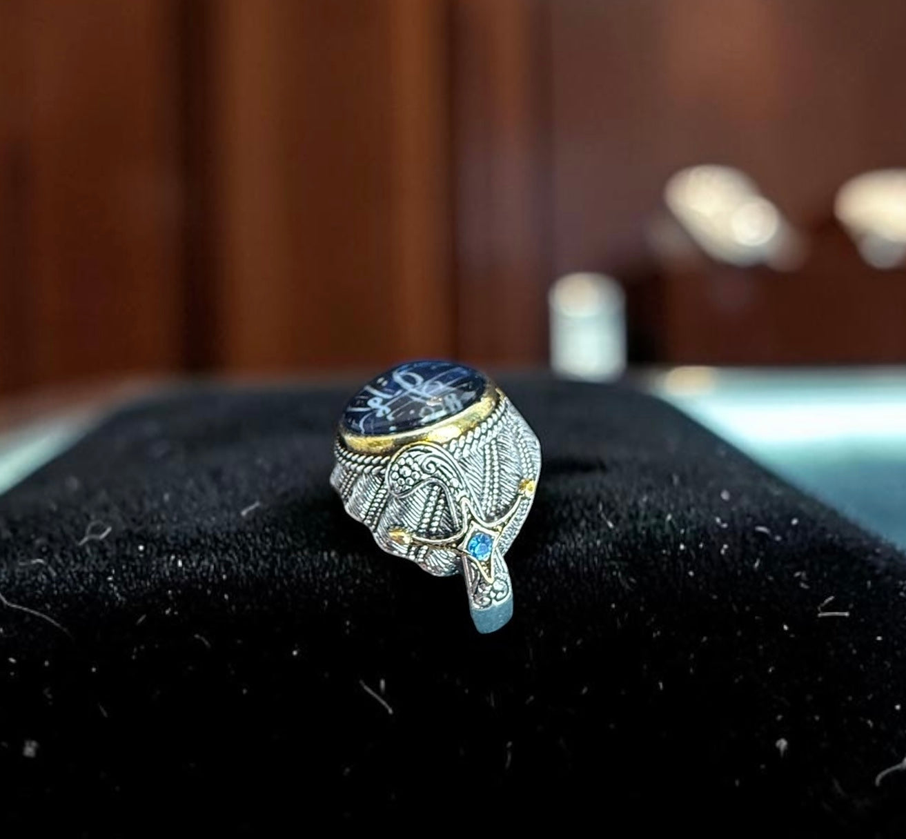 Men’s Blue Arabic Calligraphy Statement Ring – Antique Silver Tone Alloy Islamic Inspired Fashion Ring with Jewelry Box 7018