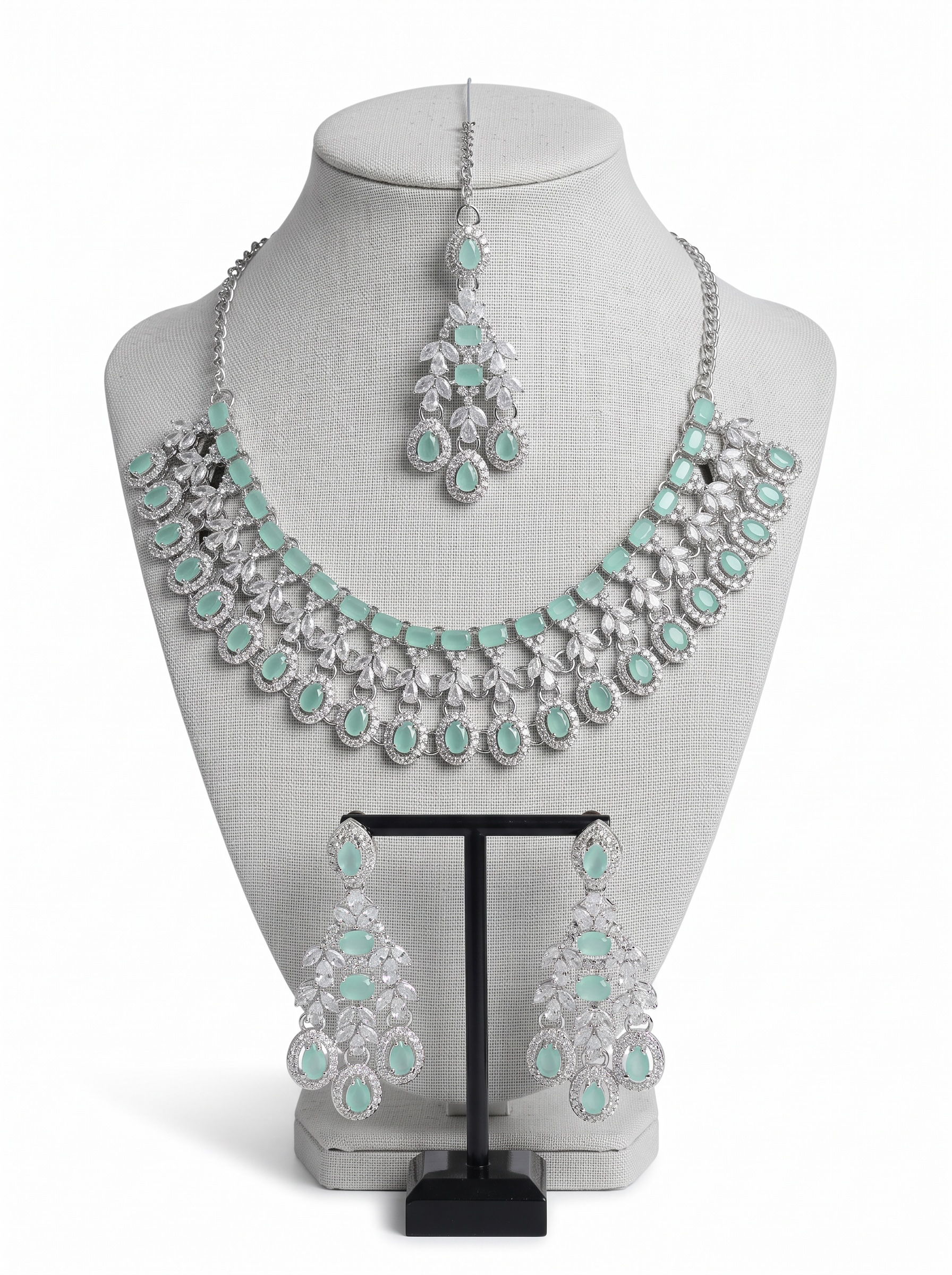 Silver-Tone AD Bridal Necklace Set with Earrings & Maang Tikka – 8 Colors