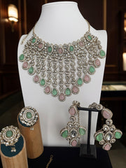 Luxury 6-Piece Mint Green & Blush Pink Indian Bridal Jewelry Set – Kundan Necklace, Earrings, Sheeshphool, Nath & 2 Adjustable Rings | 2 Gift Boxes 6065