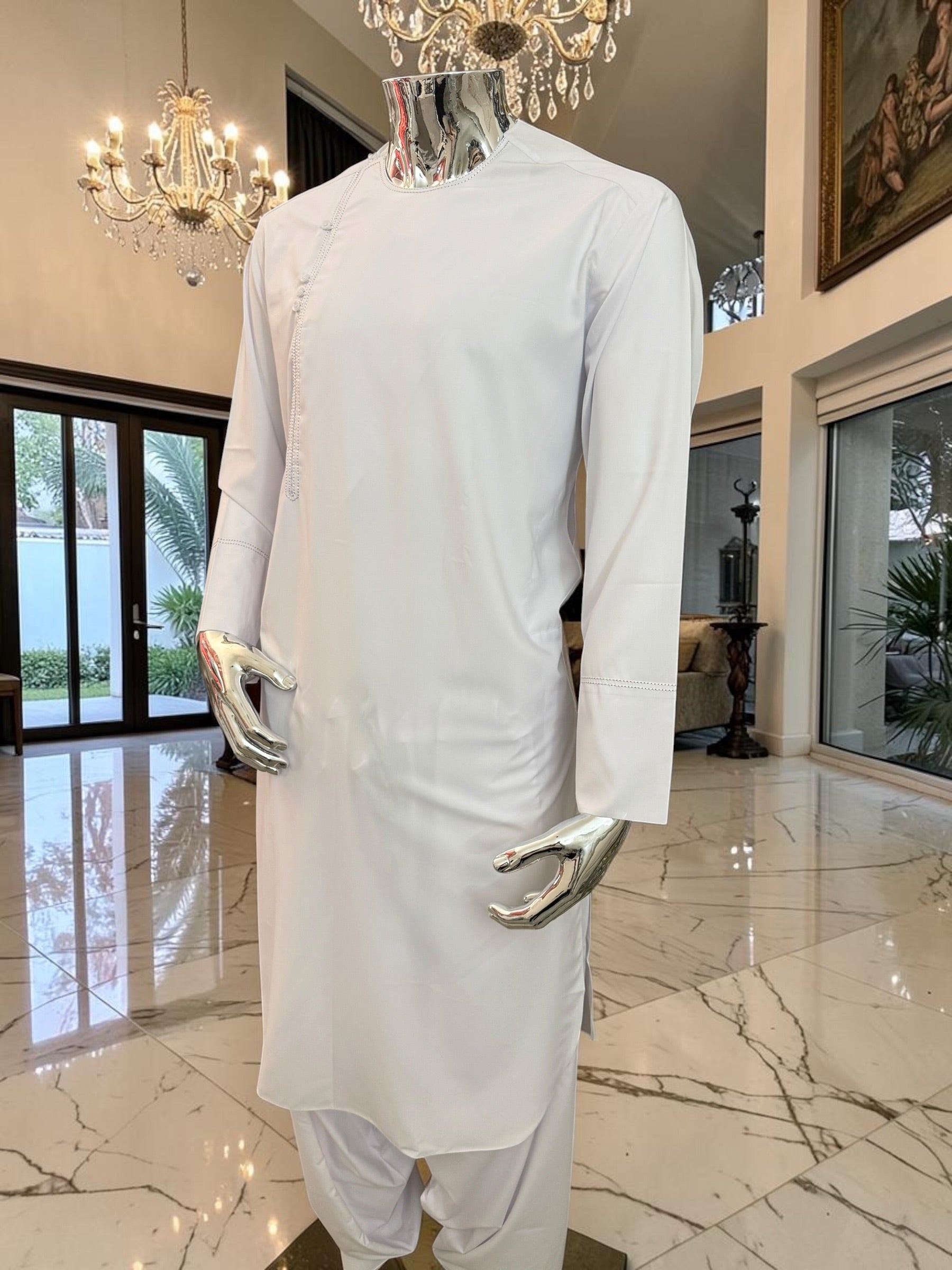Men’s White Qasimi Design Parahan Tunban – Traditional Afghan 2-Piece Outfit | Small–XXL