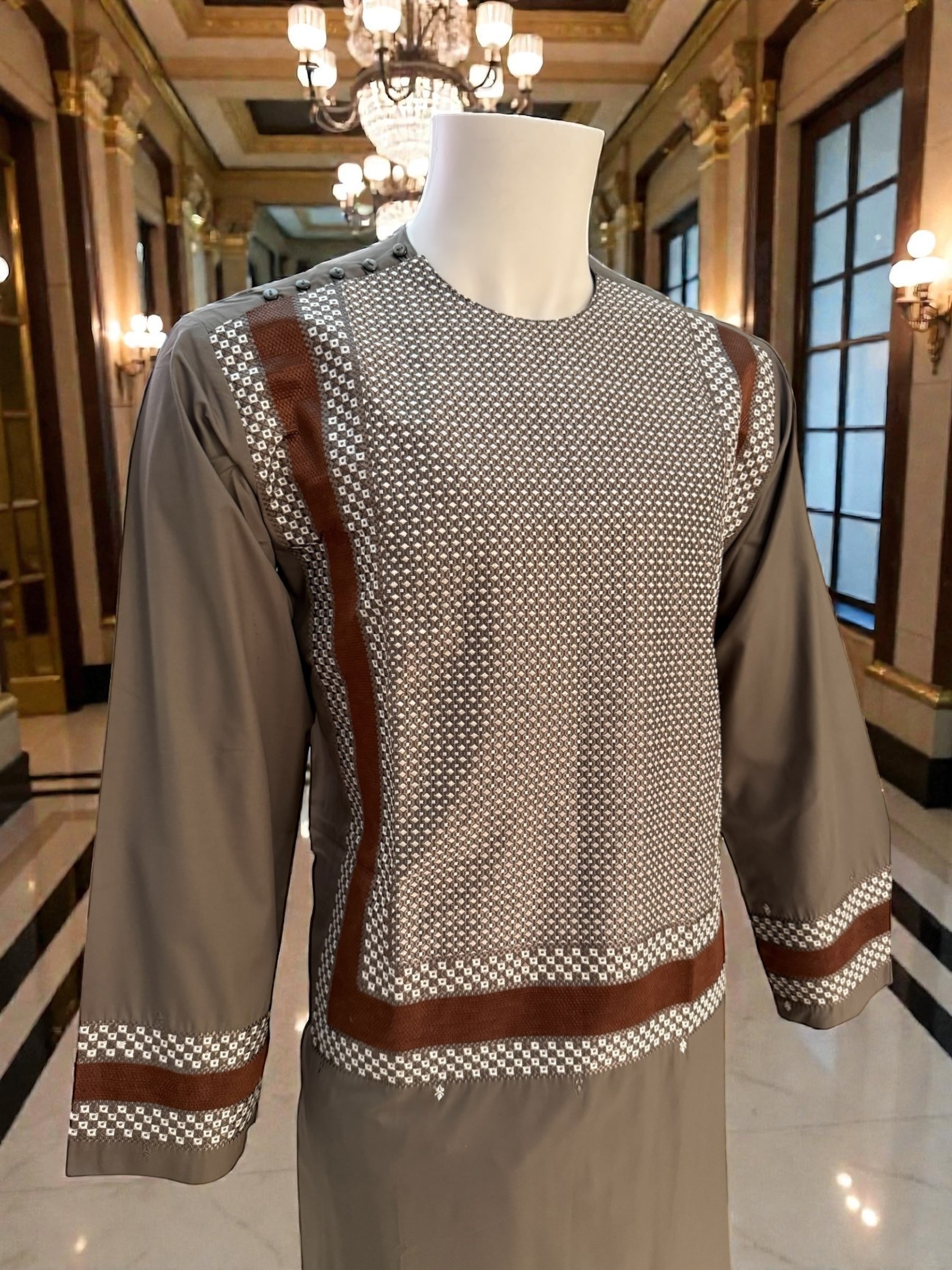 Large Taupe Brown Afghan Parahan Tunban with Machine Embroidered Chestnut & White Geometric Panel – Men’s Traditional Wear