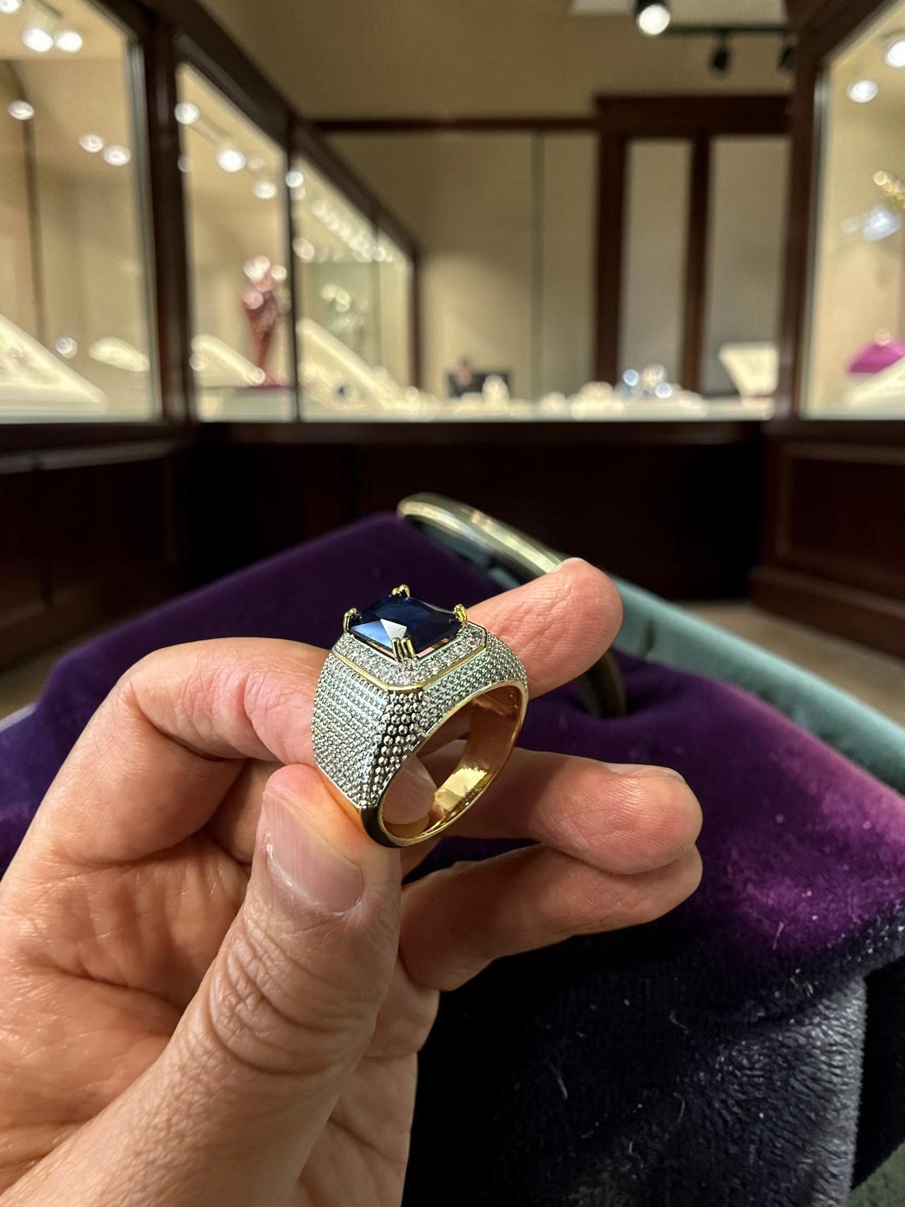Men’s Blue Zircon Statement Ring Brass Cocktail Ring (Vintage Style)CBB