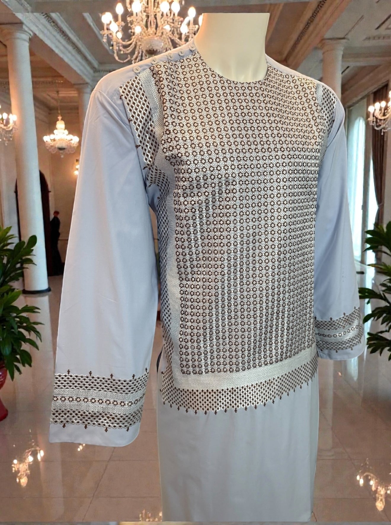 Light Blue Afghan Parahan Tunban for Men with Machine Embroidery Large to X-Large