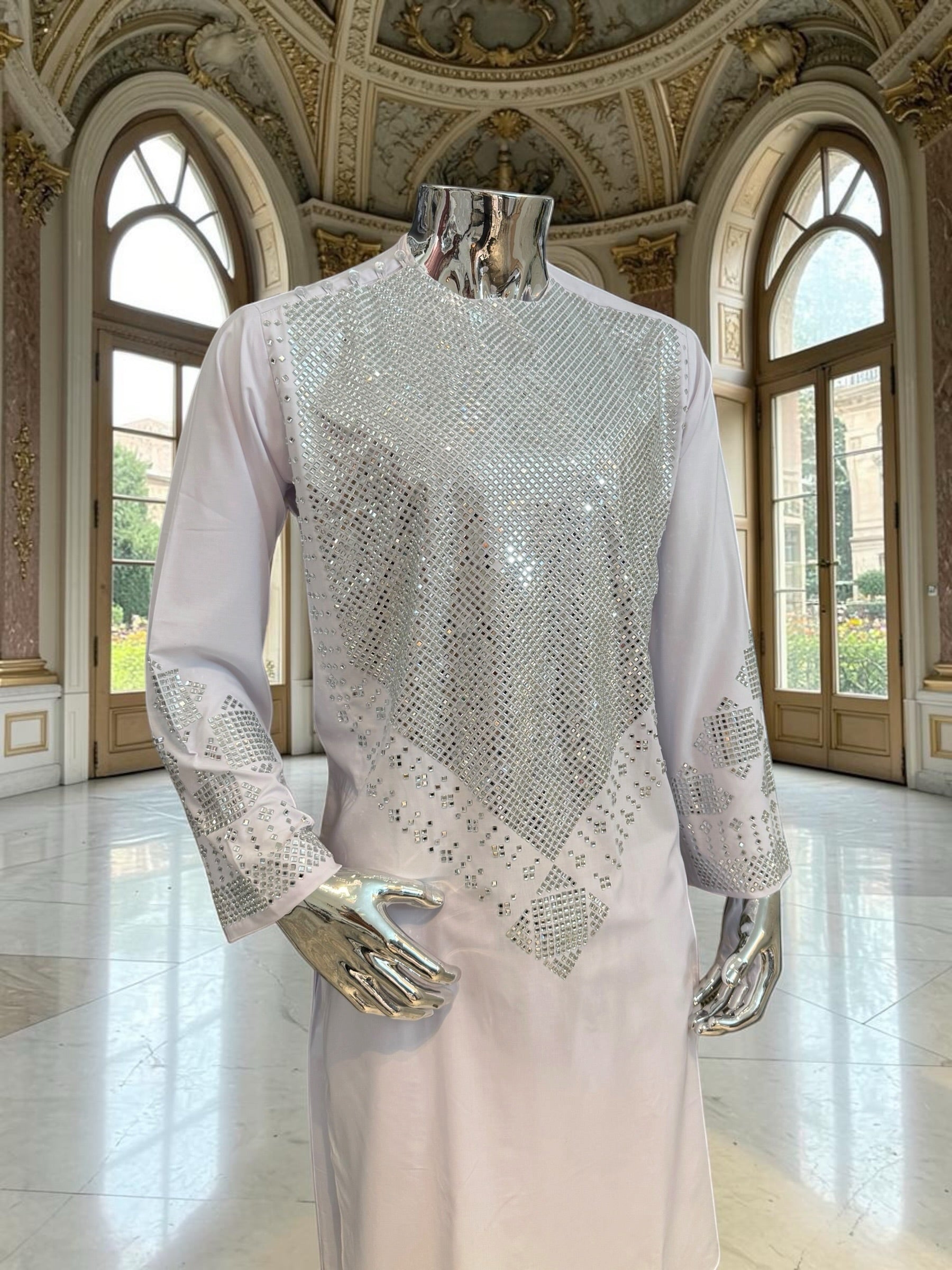 Premium White Afghan Parahan Tunban with Silver Shesha Mirror Work