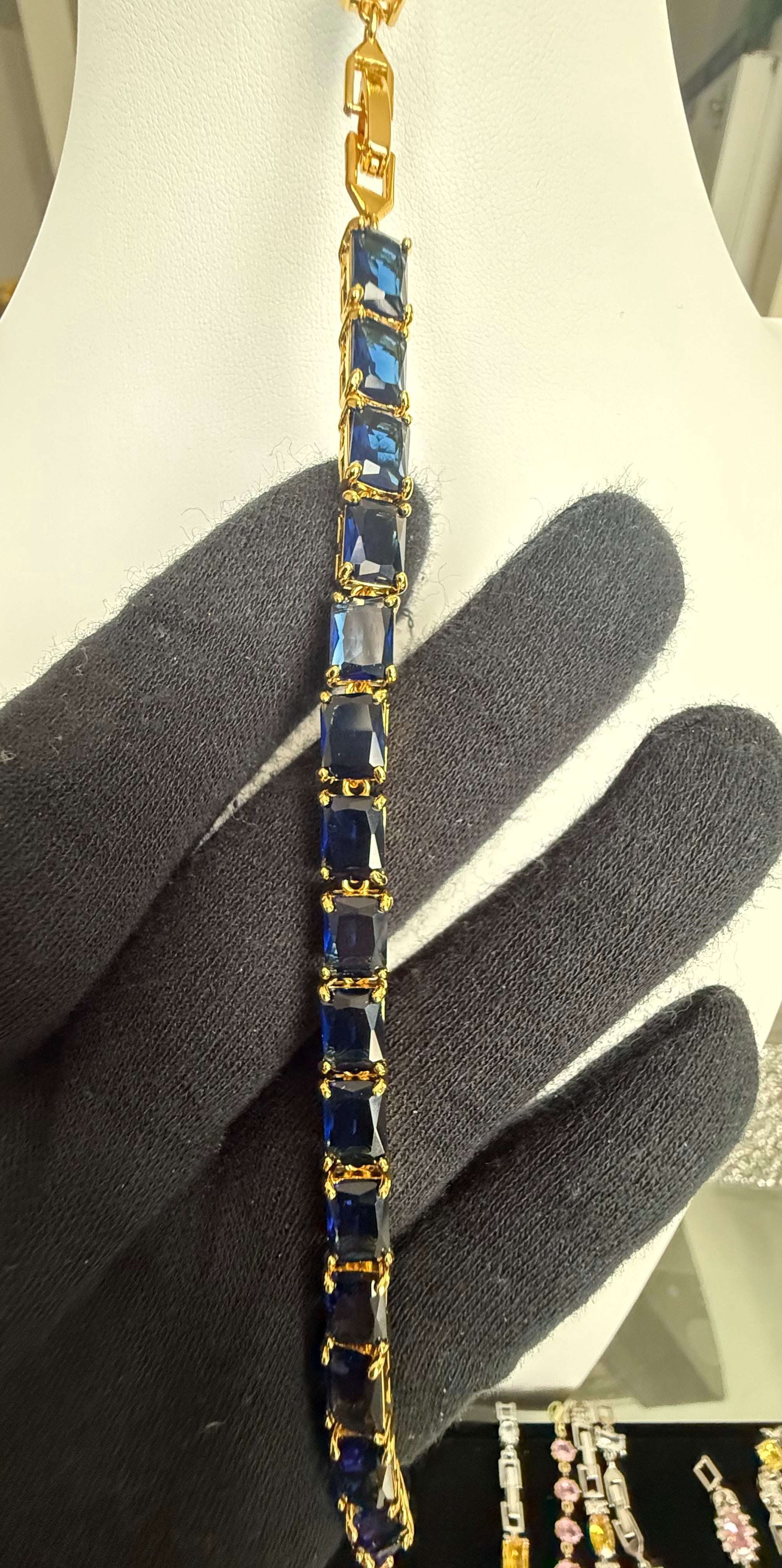 Sapphire Blue Emerald-Cut Crystal Tennis Bracelet – Gold Tone Statement Jewelry 7141