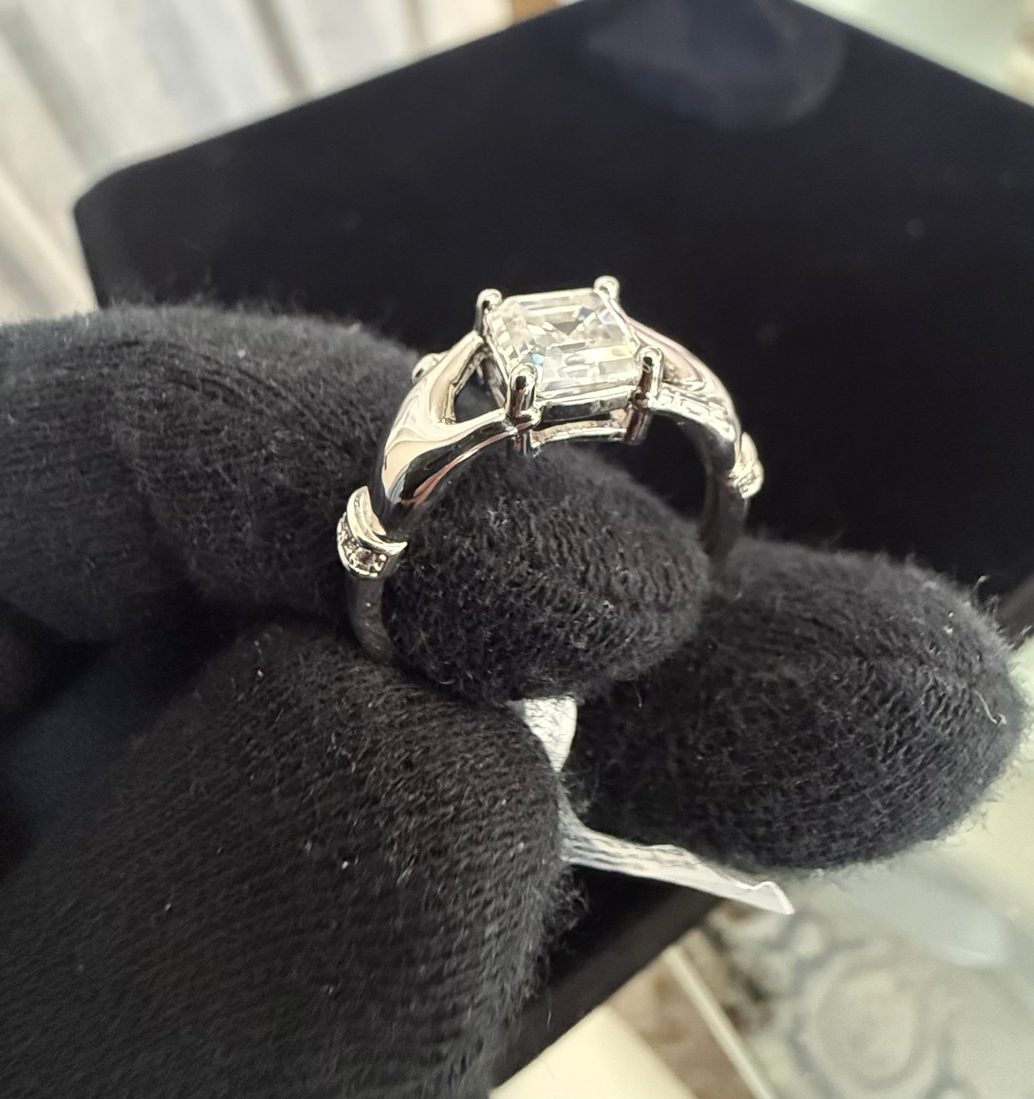 Size 7 Sterling Silver Asscher Cut Moissanite Engagement Ring – Modern Bypass Solitaire.   6015