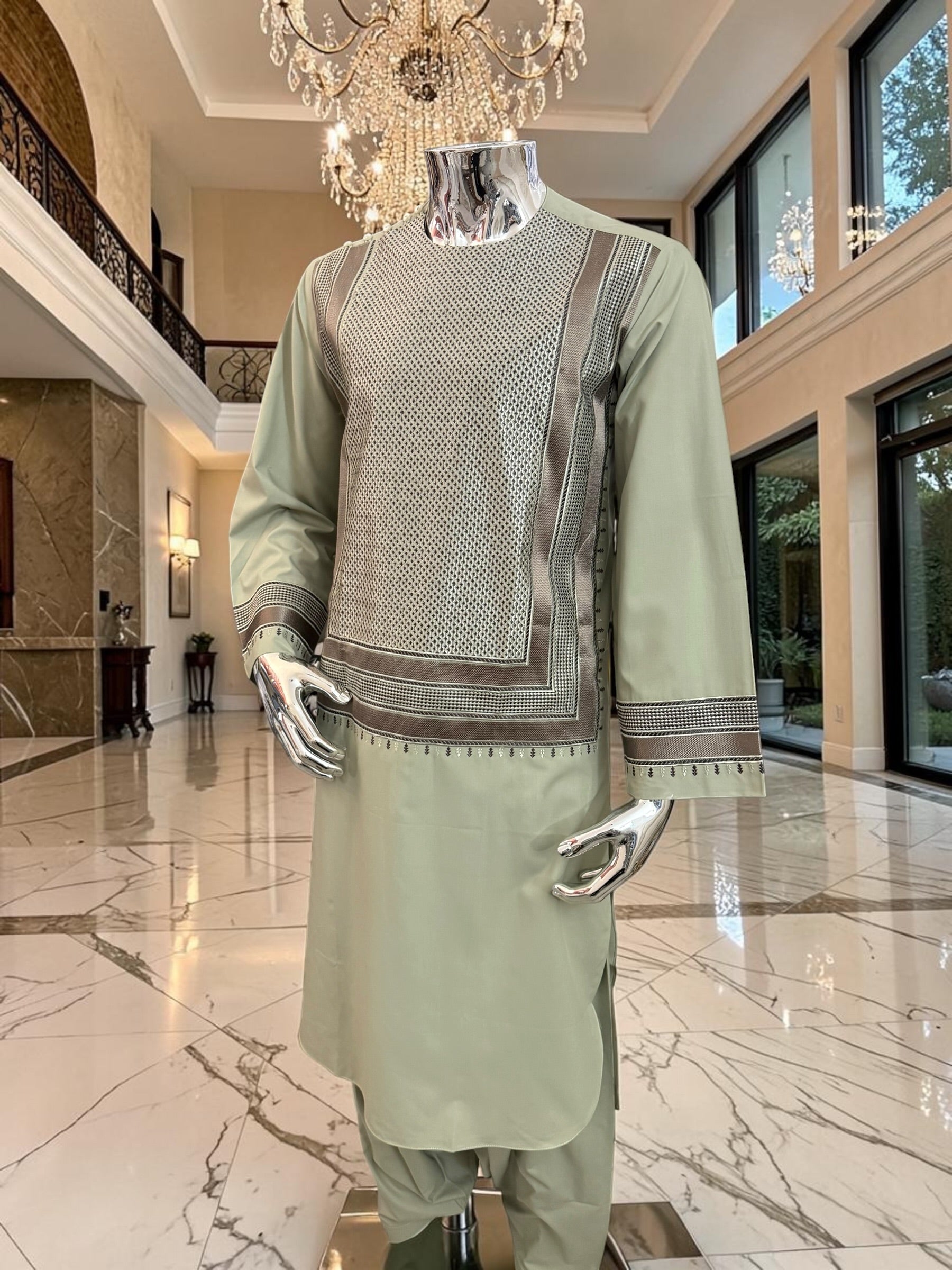 Medium Sage Green Parahan Tunban with Brown Embroidery | Premium Afghan Traditional Wear