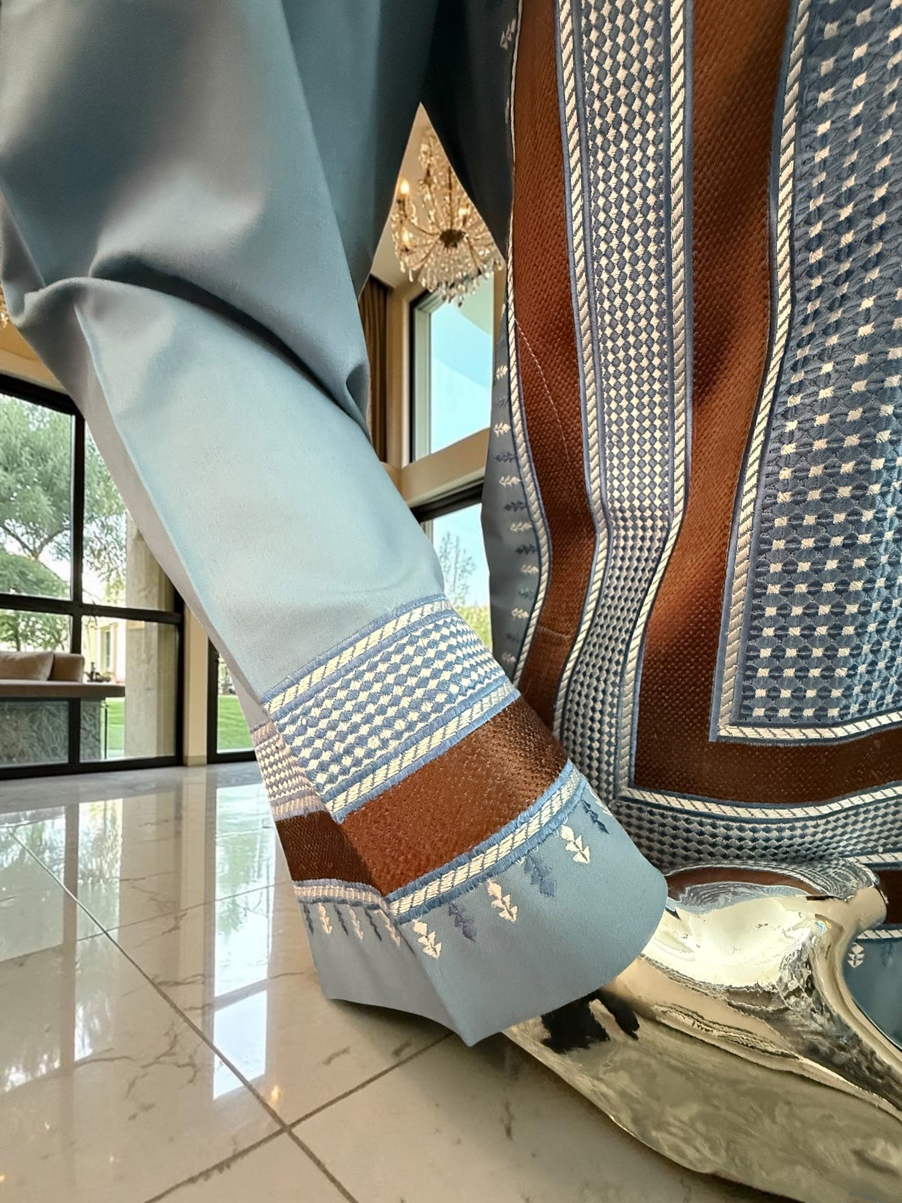 Medium Turquoise Afghan Parahan Tunban with Brown and White Premium Machine Embroidery for Boys/Men