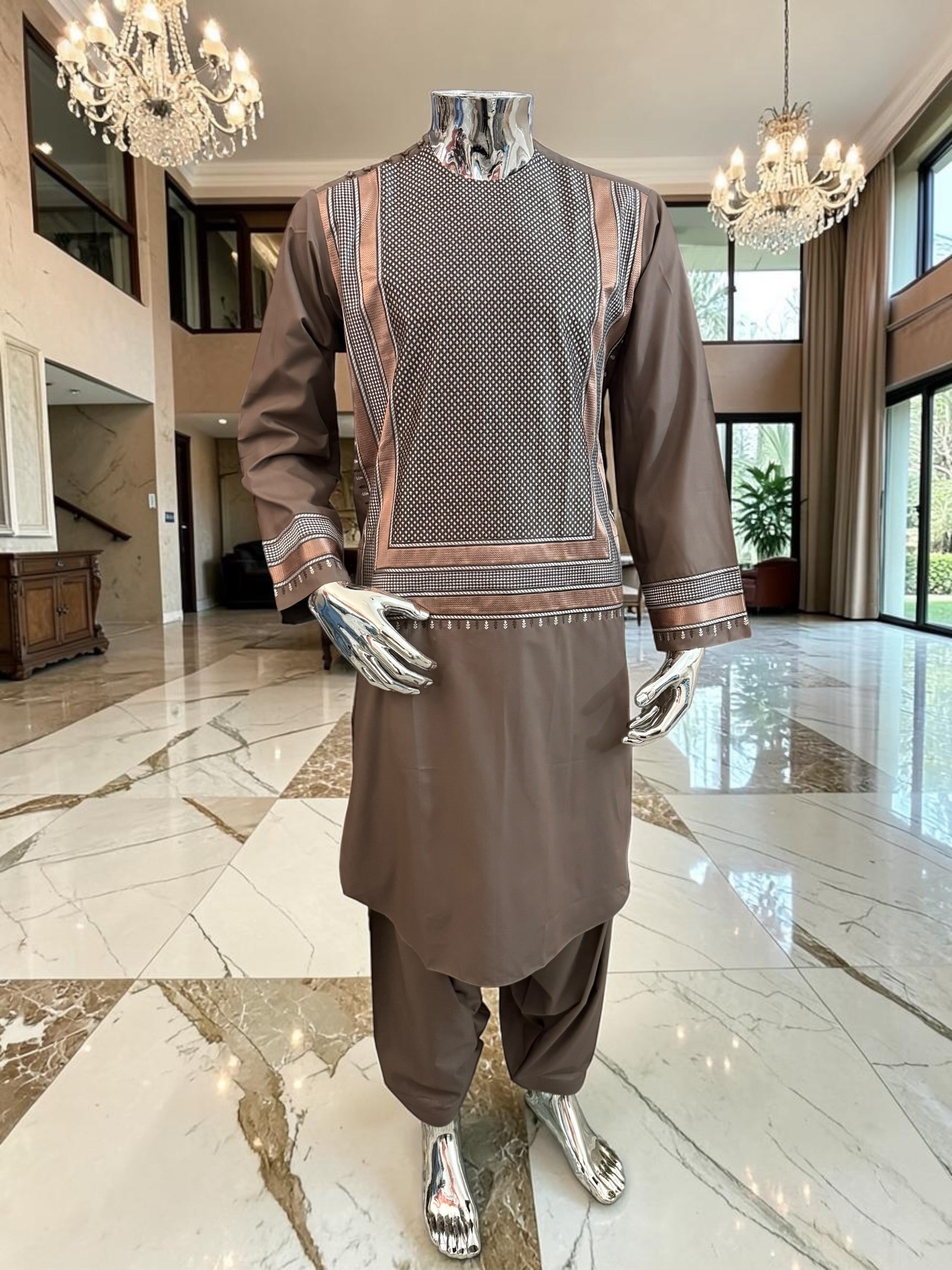 Small Taupe Brown Embroidered Men’s Parahan Tunban Yakhandozi – Premium Traditional Kandahari Yakhan