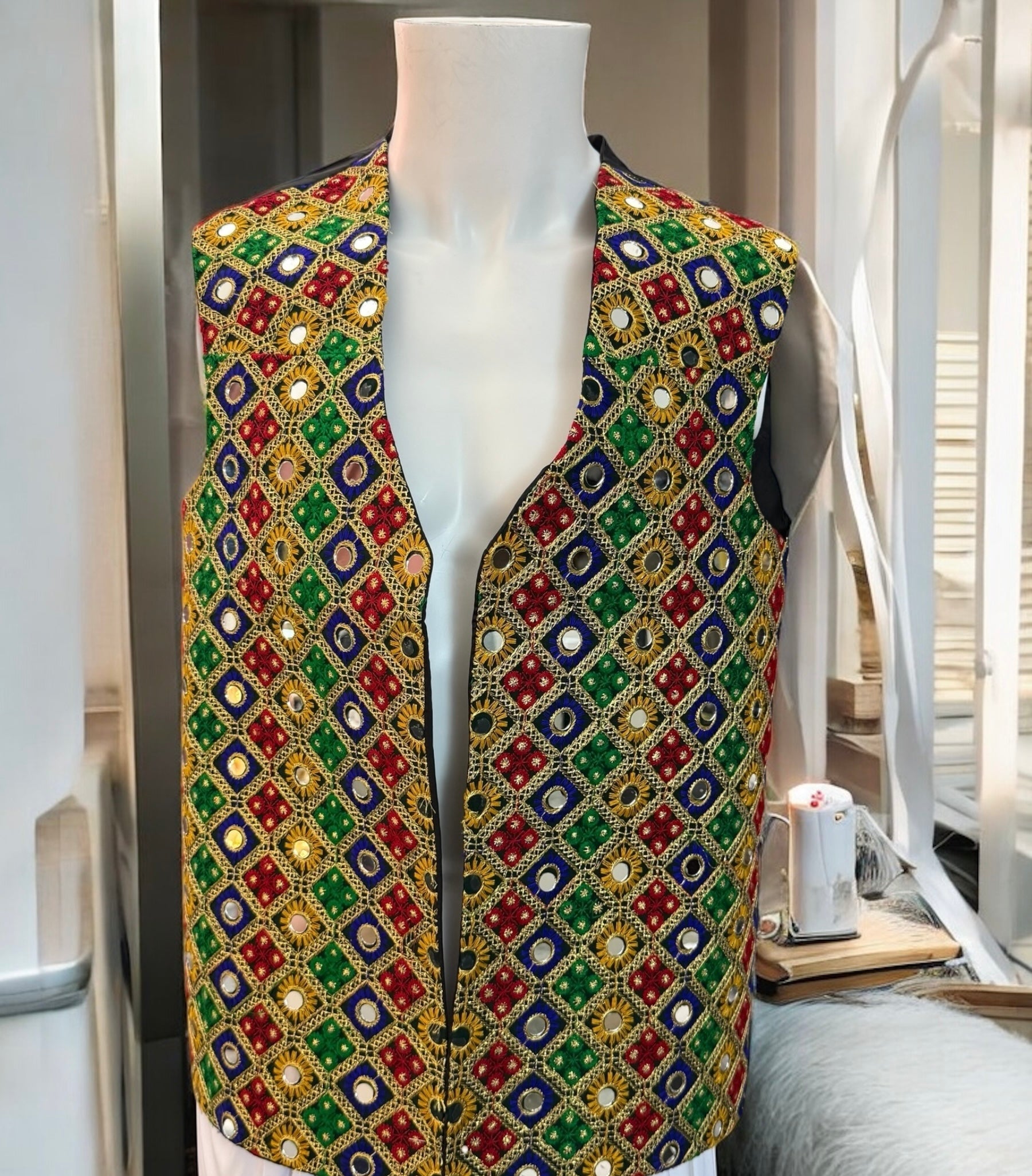 Men’s Afghan Embroidered Mirror Work Vest – Multicolor, Medium
