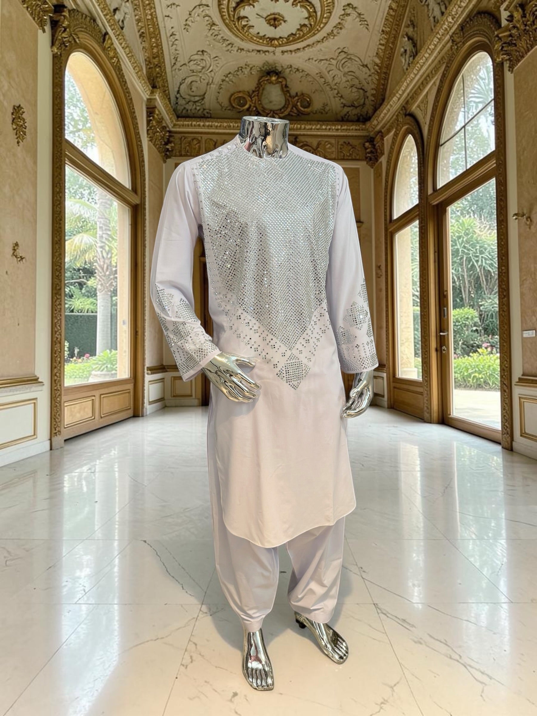 Premium White Afghan Parahan Tunban with Silver Shesha Mirror Work