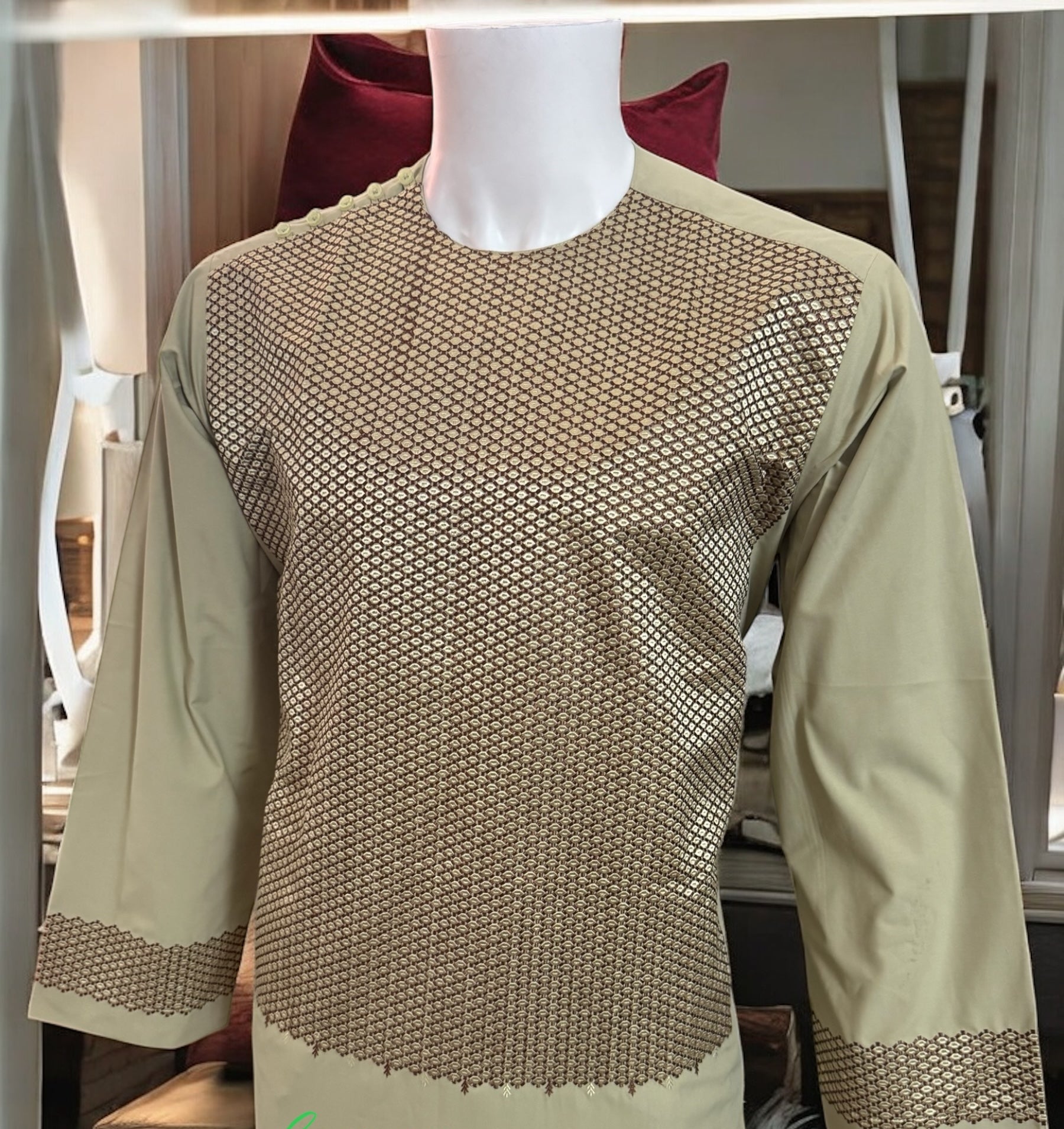 Small Men’s Light Green Parahan Tumban with Brown Embroidery – Afghan Traditional Outfit