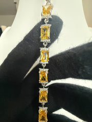 Golden Yellow Emerald-Cut Crystal Link Bracelet – Silver-Tone Statement Bracelet for Women 7127
