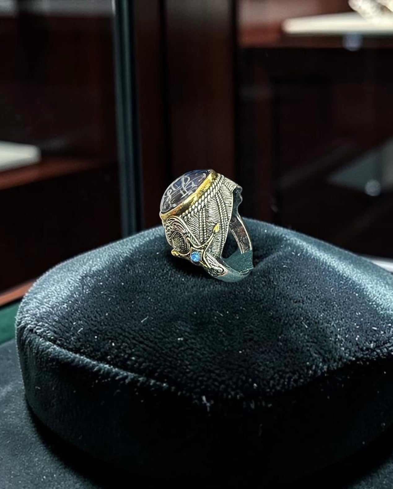 Men’s Blue Arabic Calligraphy Statement Ring – Antique Silver Tone Alloy Islamic Inspired Fashion Ring with Jewelry Box 7018