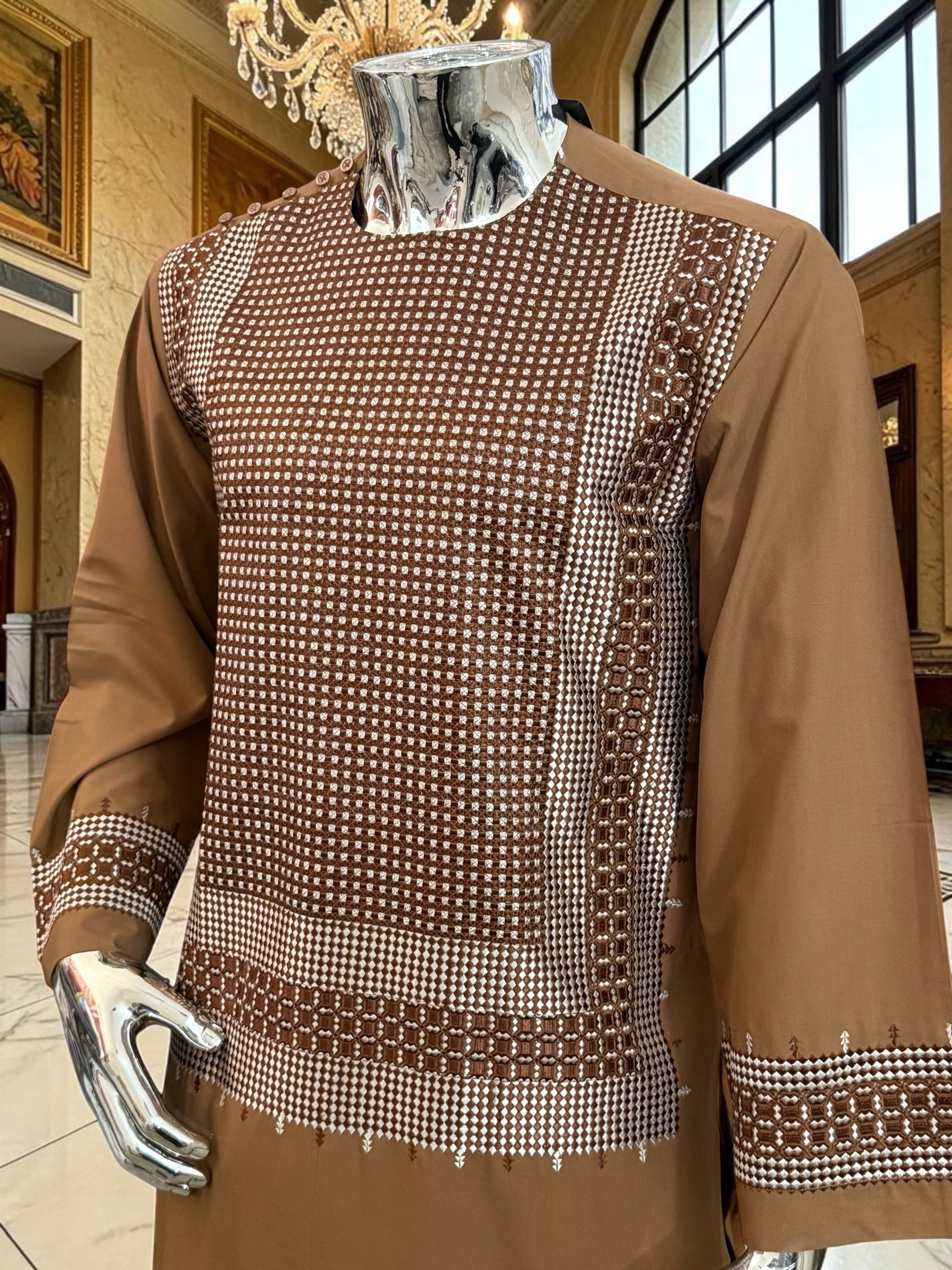 Medium Brown Parahan Tunban with White Embroidery | Traditional Afghan Men’s Wear