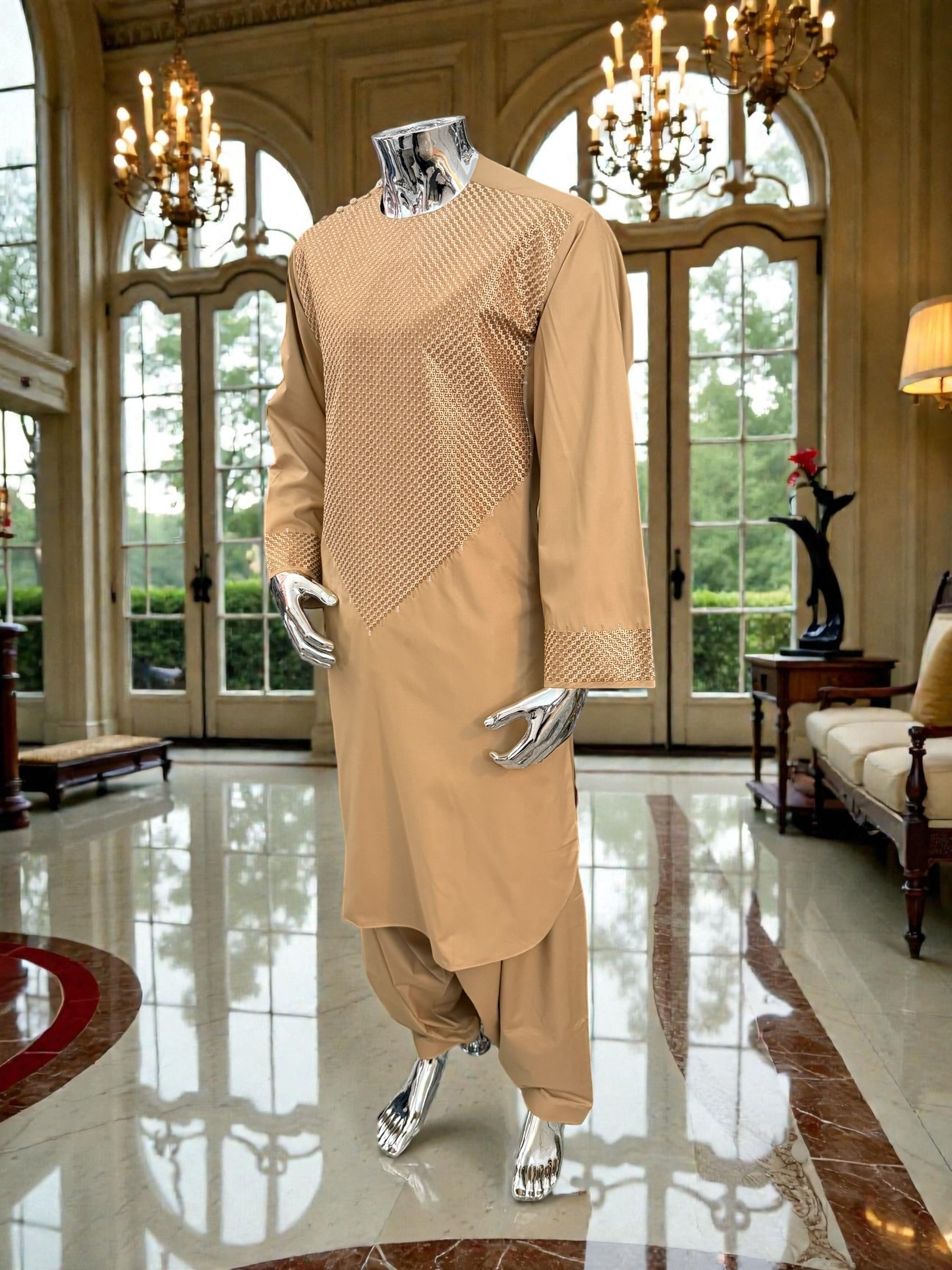 Large Golden Tan Afghan Parahan Tumban with Matching Khamak-Style V-Pattern Embroidery – Men’s Traditional Wear