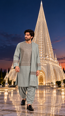 Men’s Sage Gray Embroidered Afghan Parahan Tunban with Matching Shawl – Medium 7232