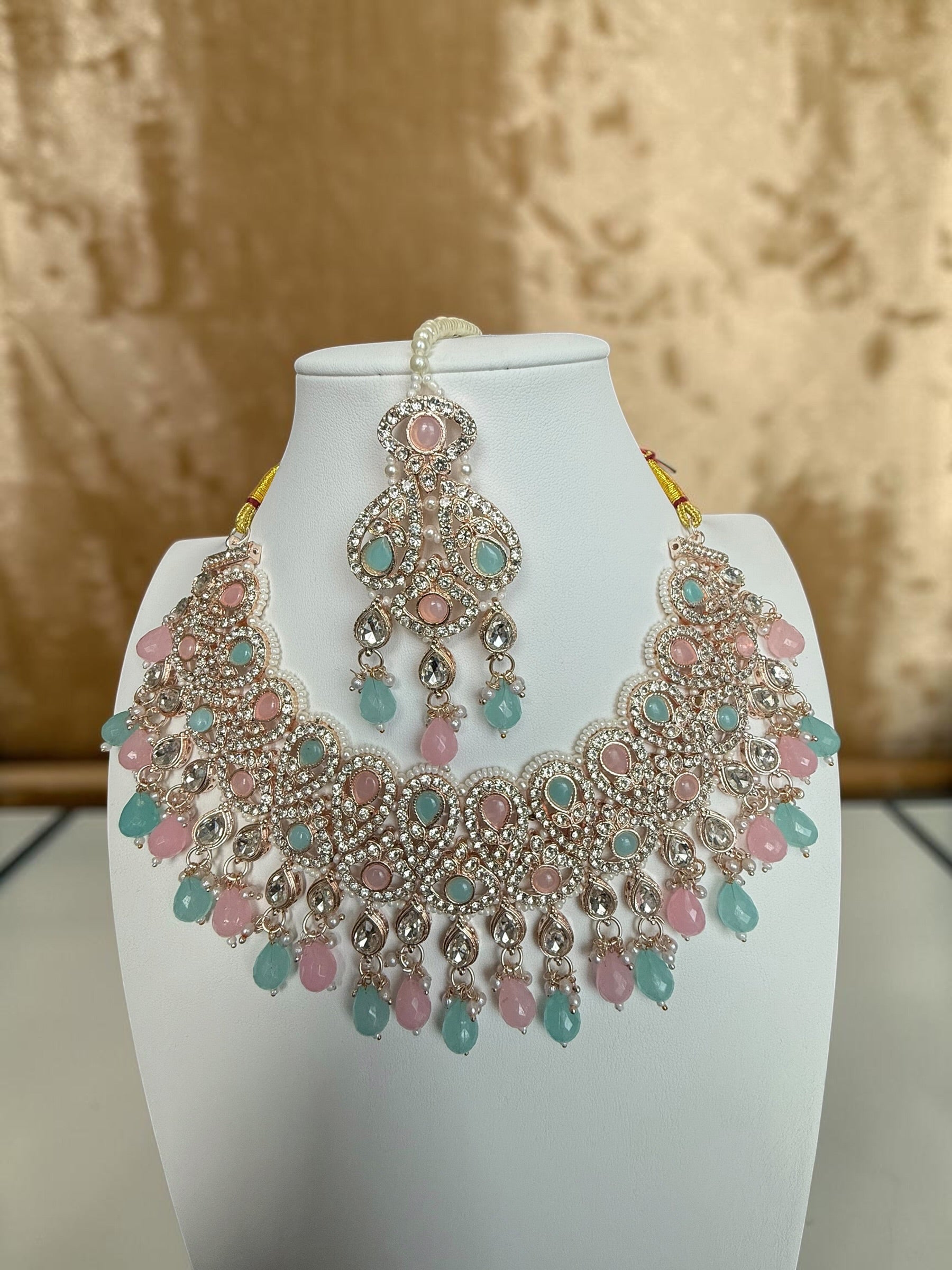 Pastel Pink & Aqua Kundan Bridal Jewelry Set with Earrings and Maang Tikka | Rose Gold Indian Pakistani Afghan Wedding Necklace | Gift Box Included 6051