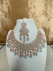 Pastel Pink & Aqua Kundan Bridal Jewelry Set with Earrings and Maang Tikka | Rose Gold Indian Pakistani Afghan Wedding Necklace | Gift Box Included 6051