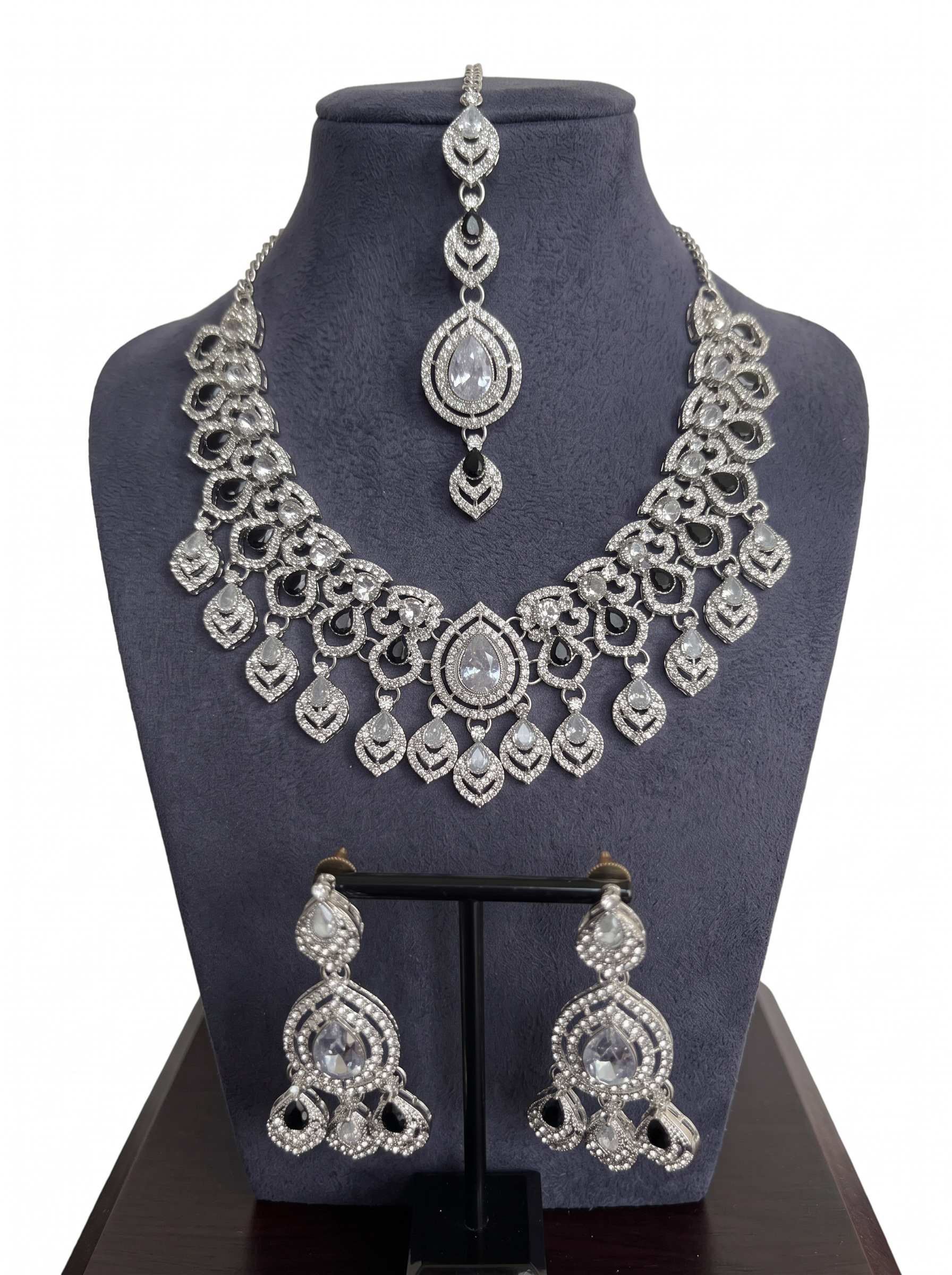 American Diamond Necklace, Earrings & Maang Tikka Jewelry Set – 7 Colors