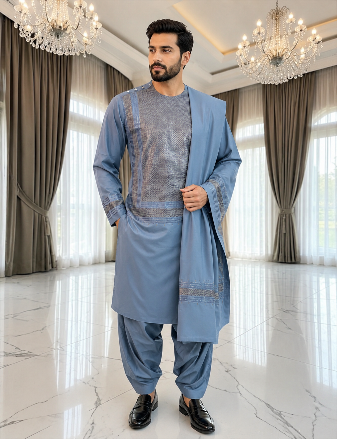 Small Men’s Steel Blue Embroidered Parahan Tunban 3-Piece Set with Matching Shawl 7228