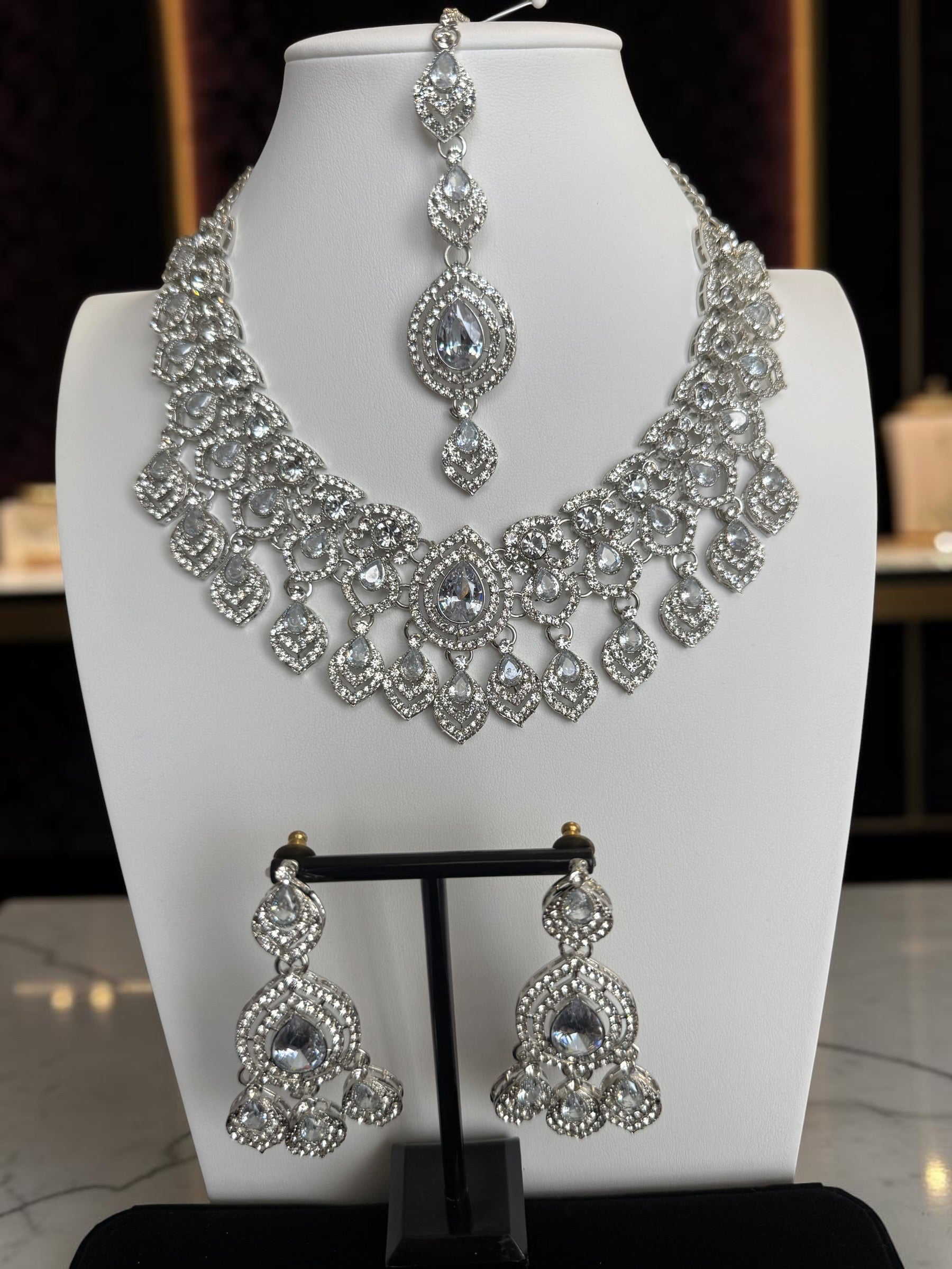 American Diamond Necklace, Earrings & Maang Tikka Jewelry Set – 7 Colors