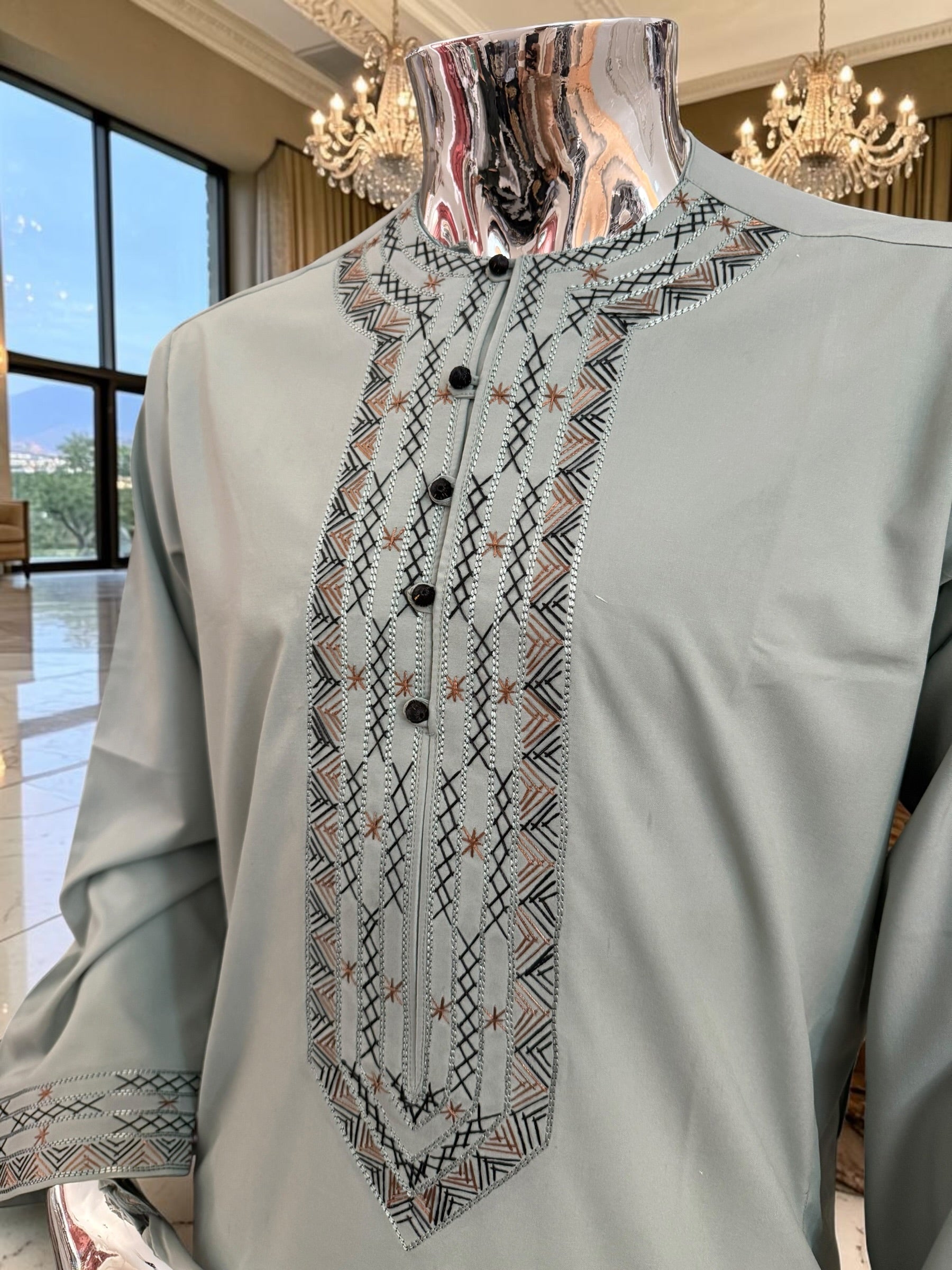 Medium Men’s Hand Embroidered Parahan Tunban Set – Light Sage Green Afghan Traditional Outfit