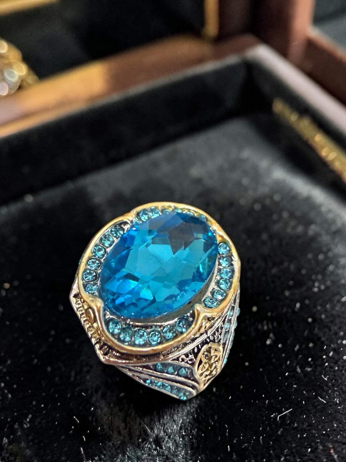 Men’s Vintage Blue Crystal Statement Ring – Silver Plated Ottoman Turkish Style Gemstone Ring G3