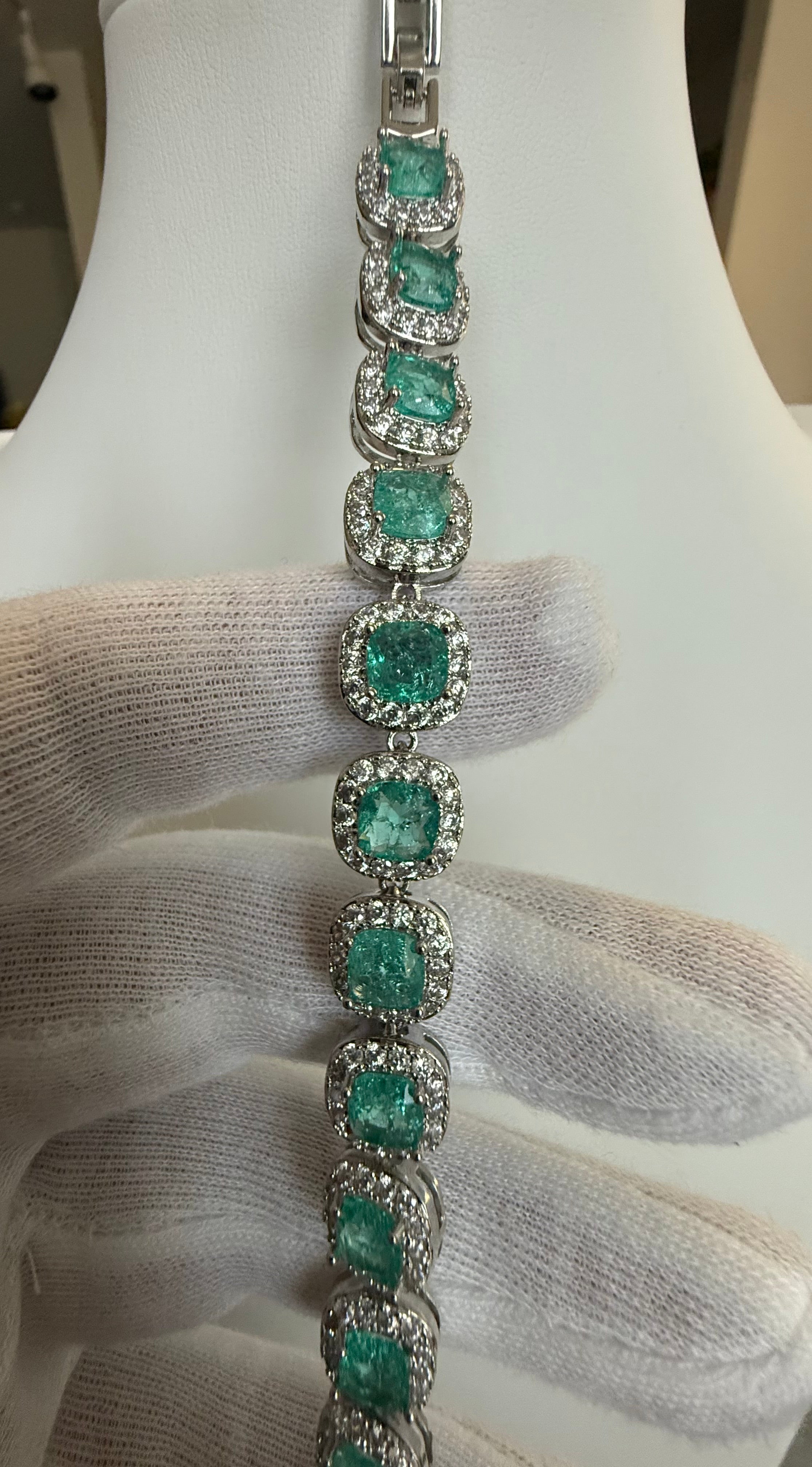 Aqua Green Cushion Cut Halo Crystal Tennis Bracelet – Silver Tone Statement Jewelry 7112