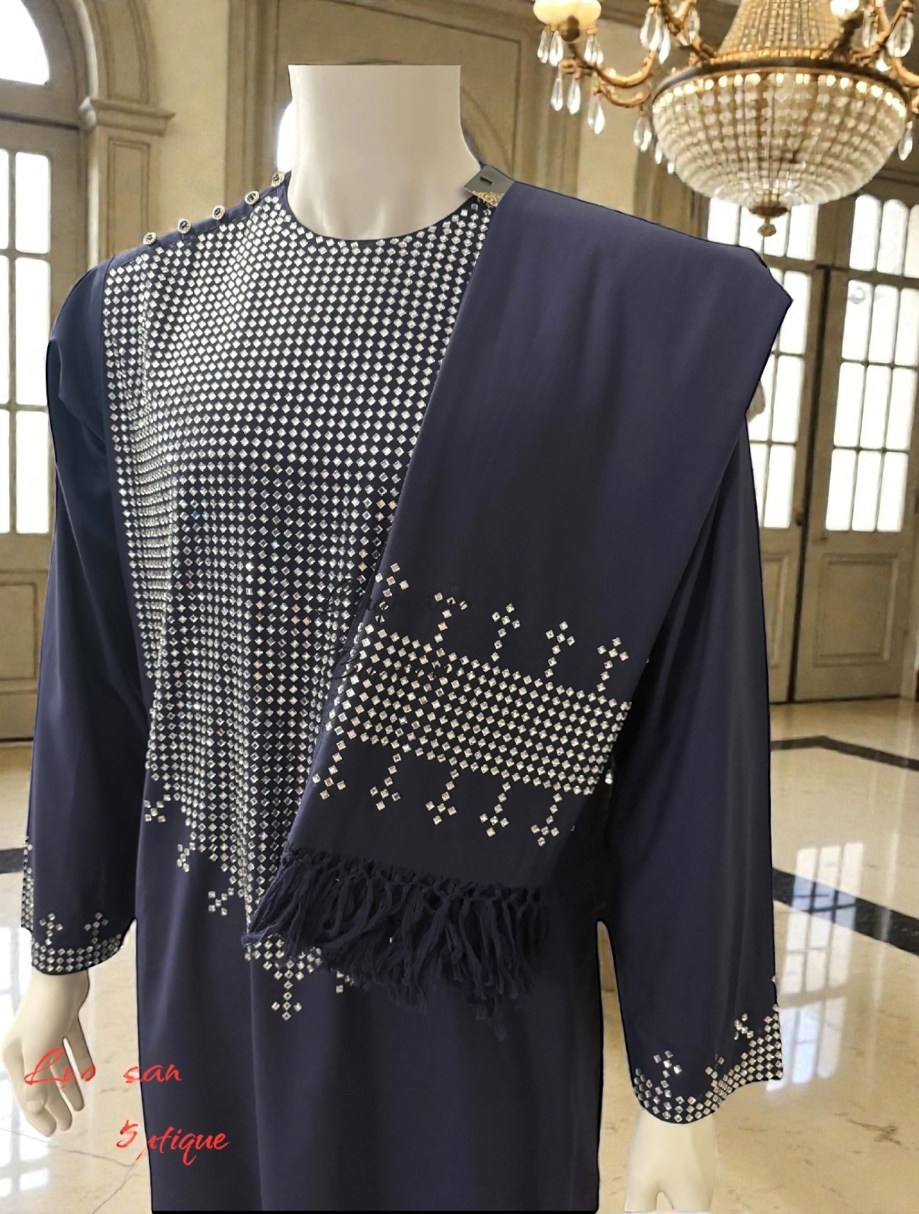 Small Navy Blue Afghan Parahan Tunban 3-Piece Set with Shesha Work