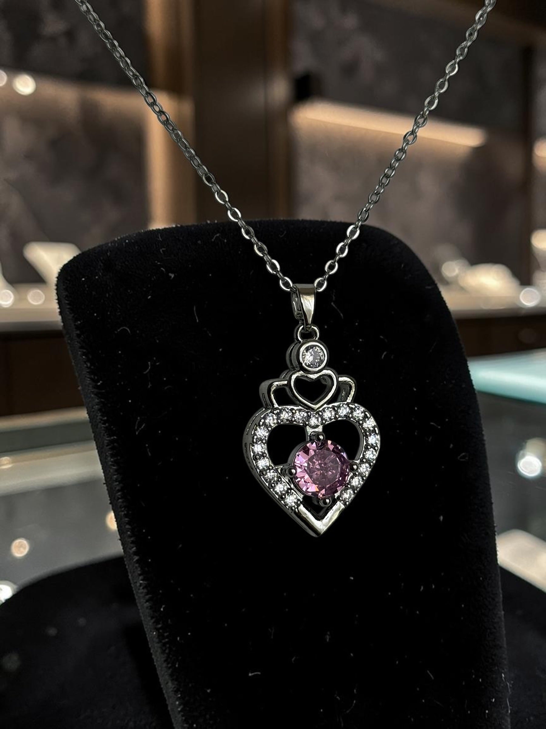 Pink Heart Pendant Necklace – Silver Tone Sparkling Stone Love Necklace for Women 7065