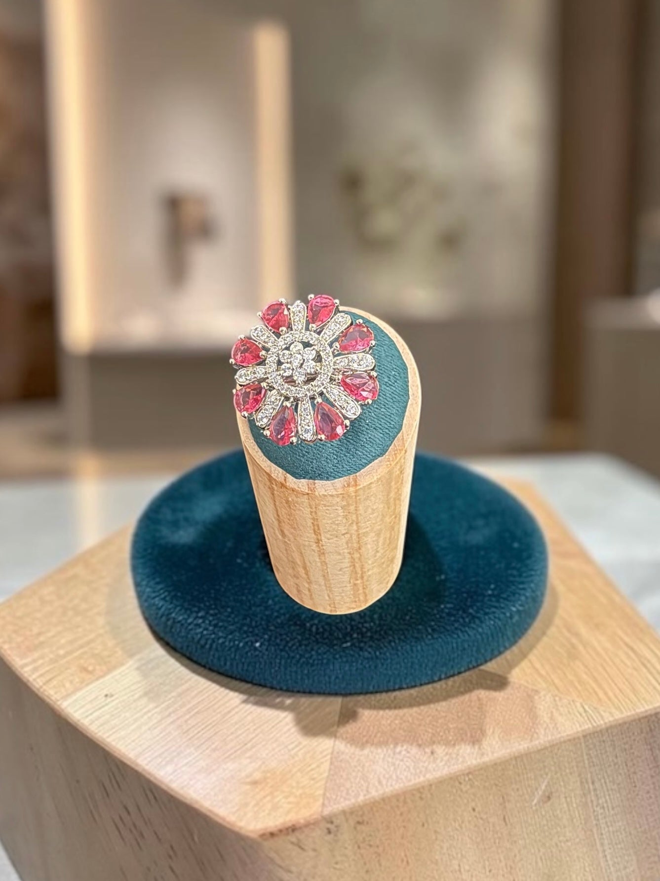 American Diamond Floral Statement Ring – Adjustable Pear-Cut Crystal Cocktail Ring, 5 Colors, Gift Box Included
