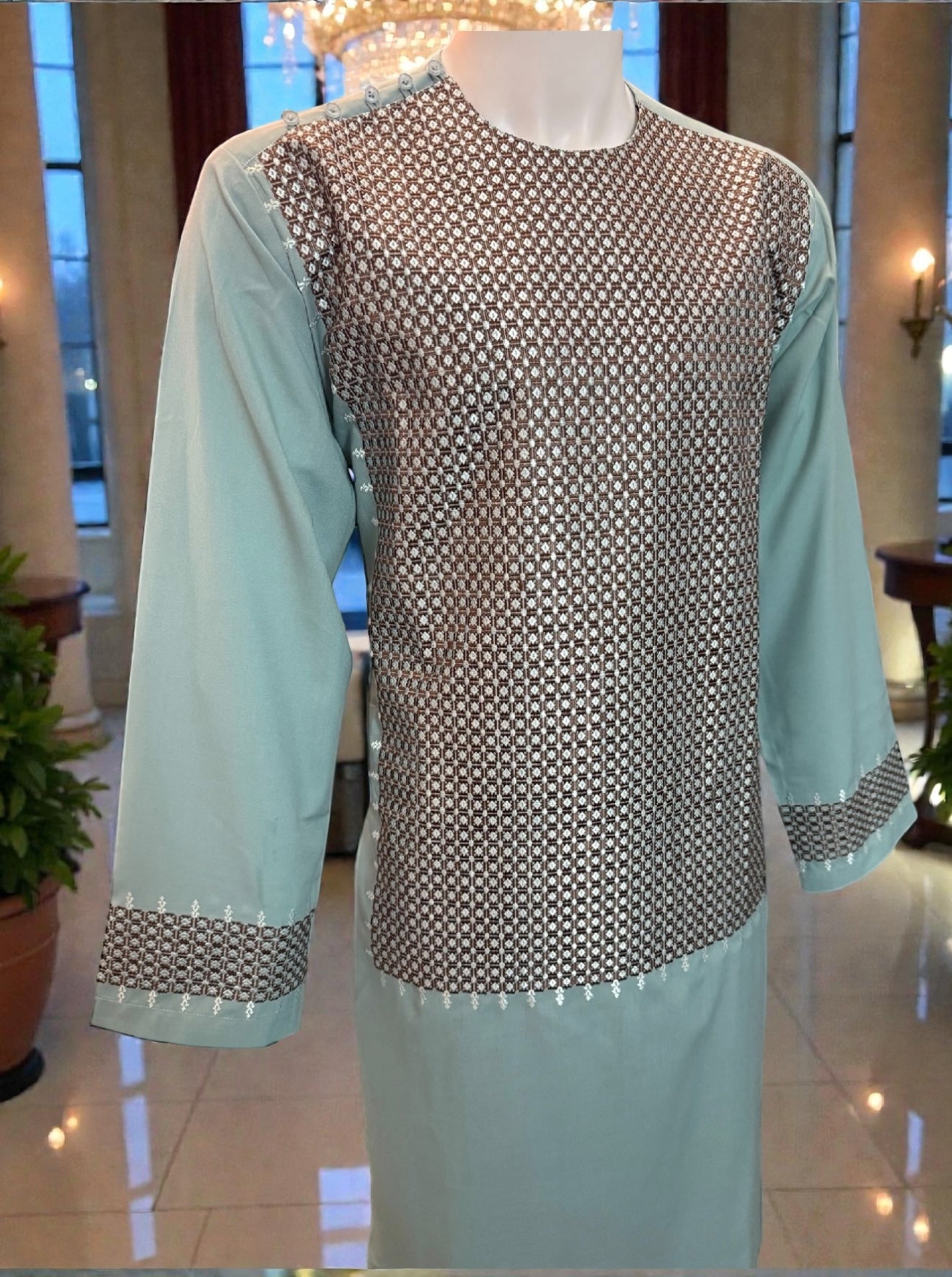 X-Large Afghan Parahan Tunban for Men – Machine Embroidered, Aqua Green