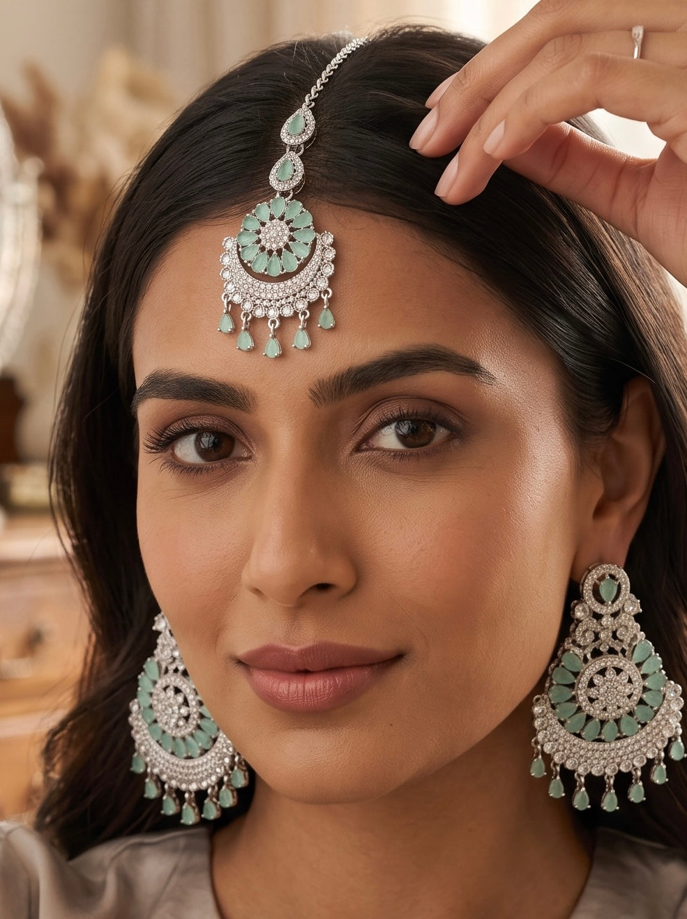 Indian Pakistani Afghan American Diamond Earrings with Maang Tikka Set | Bridal Chandbali Earrings | Wedding Jewelry Gift | 6 Color Options